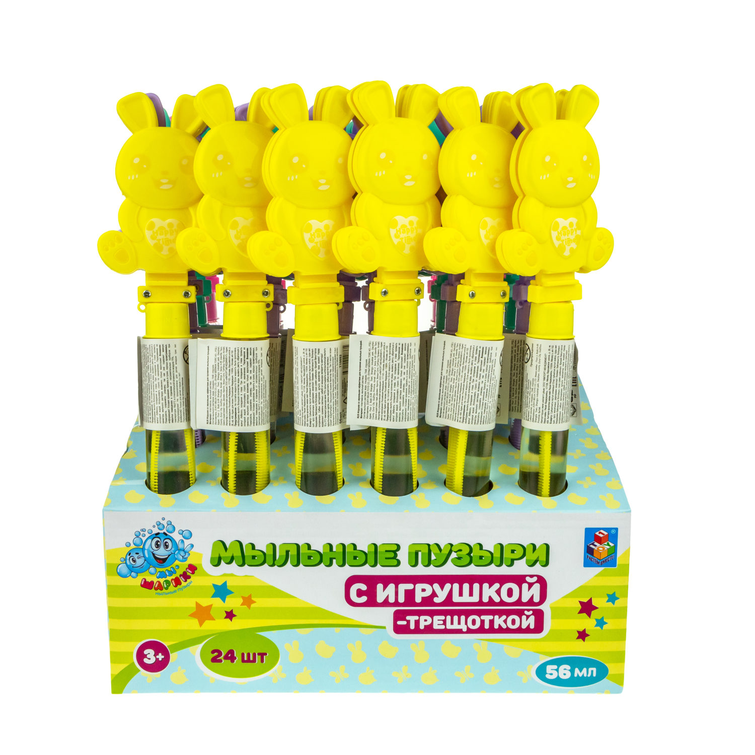 Мыльные пузыри с игрушкой-трещоткой 1TOY Мы-шарики! Зайка, 56 мл, 4 цвета в ассортименте