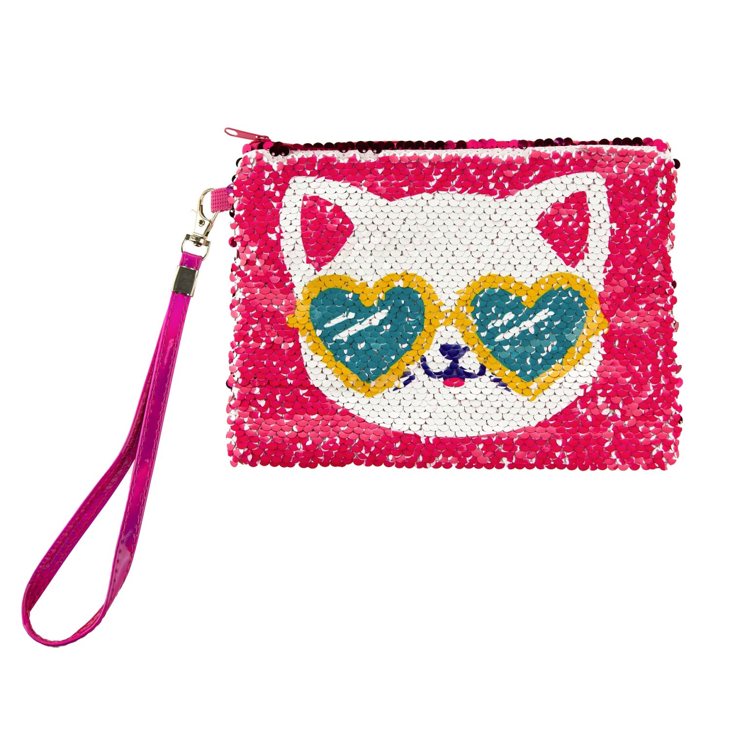 Like Nastya Косметичка с пайетками хамелеон с кошкой на одной стороне, принт разноцветный  на другой стороне, с ремешком, 21х14 см,пакет,бирка