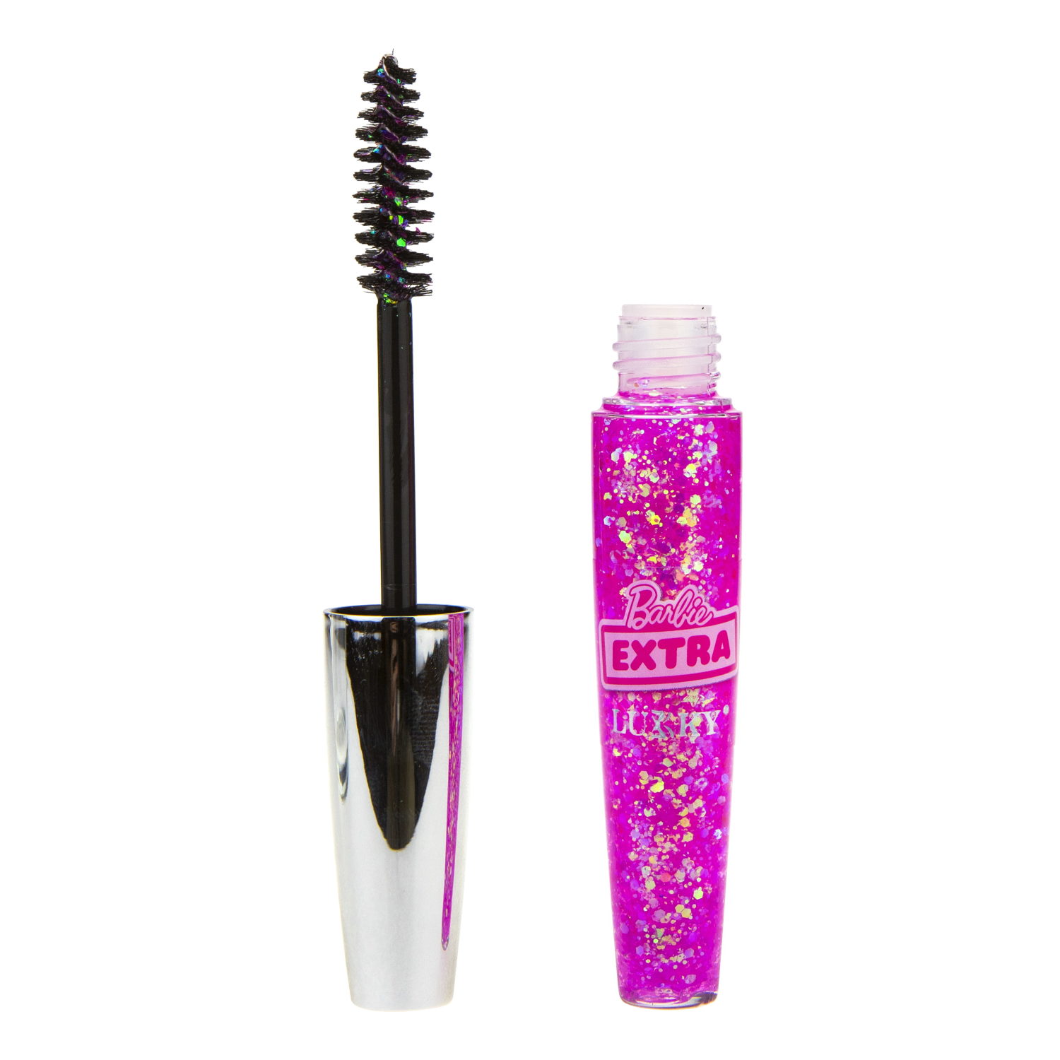 Детская тушь для волос от Barbie Extra и LUKKY с крупными голографическими блёстками разной формы, гель-глиттер для волос розовый