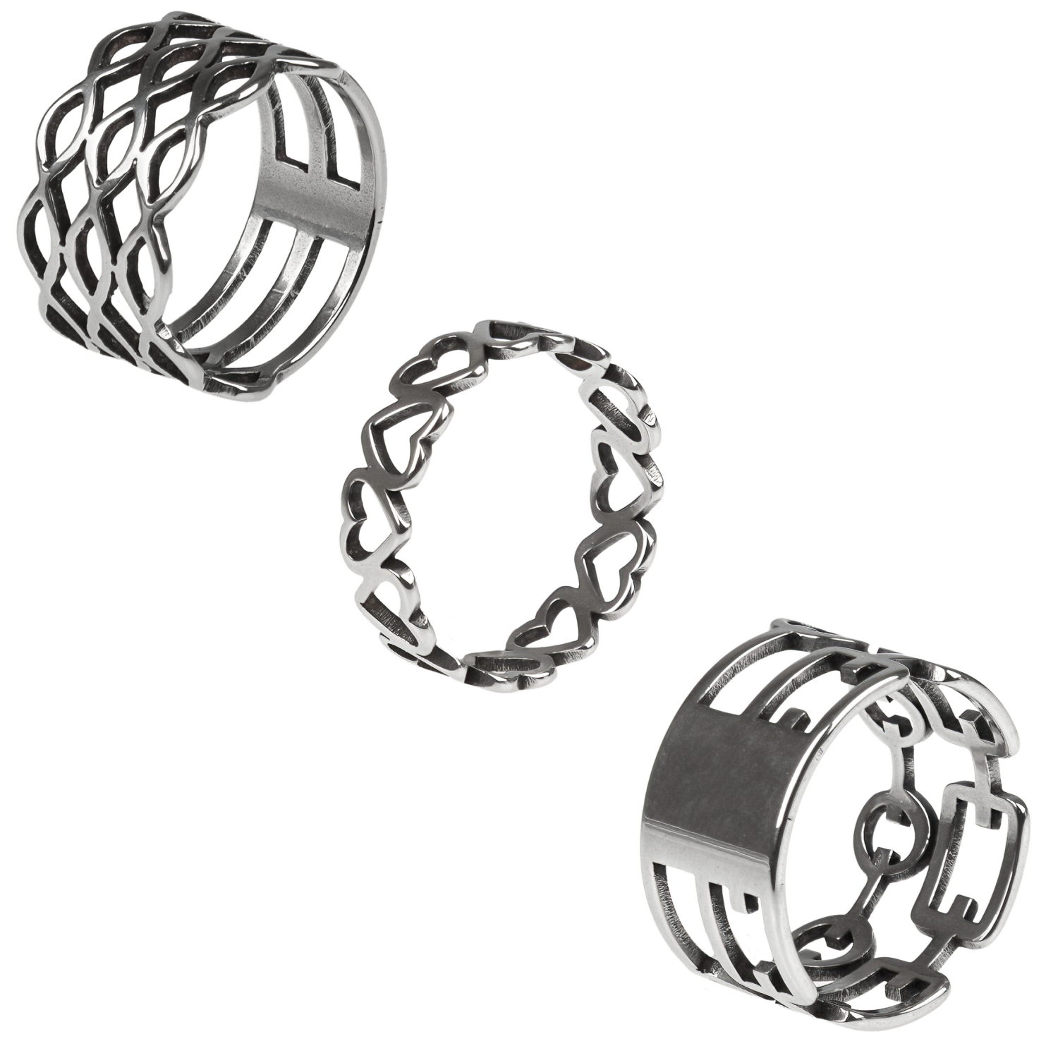 Набор колец серебряного цвета Lukky Fashion с сердечками, 3 шт.