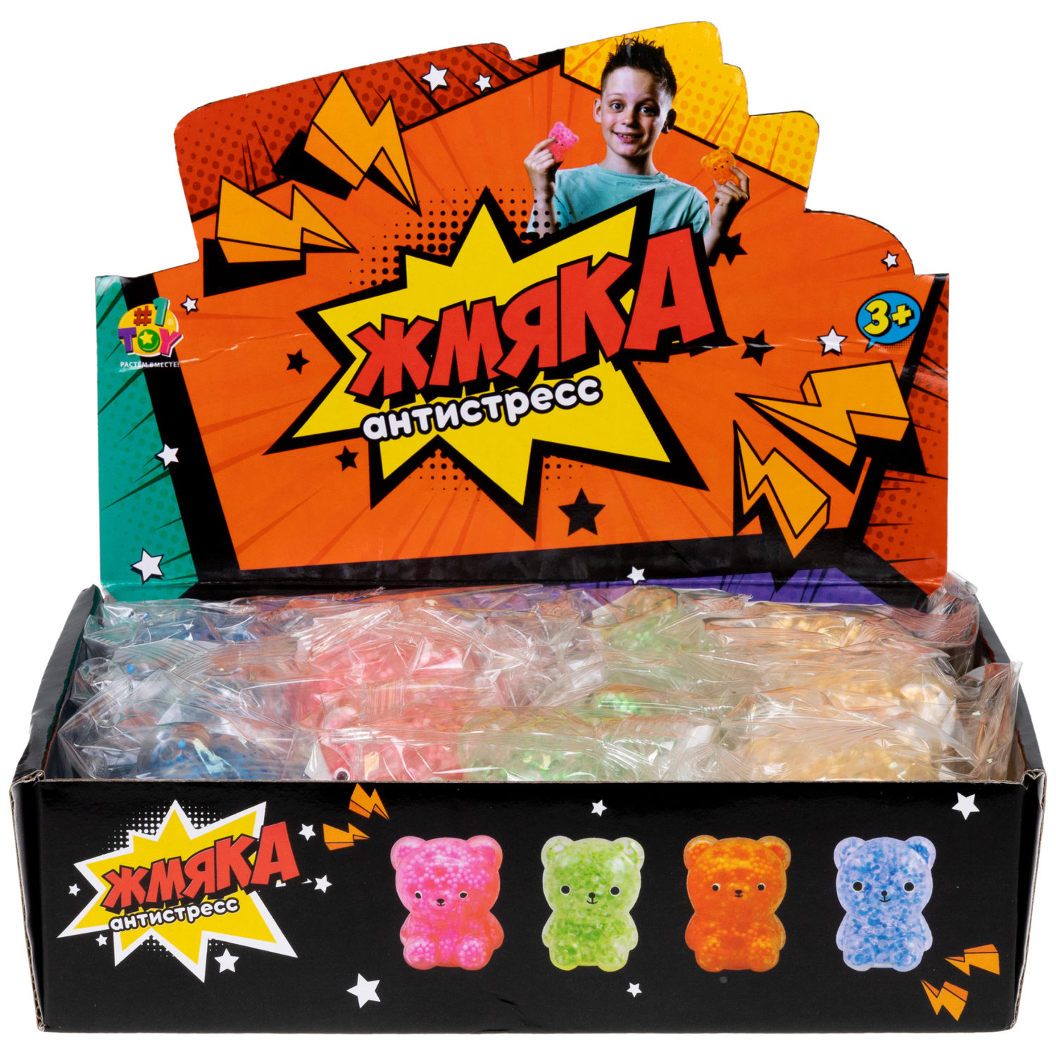 1toy Жмяка, "Медвежонок" с мелкими шариками 6х4,5х5 см, 4 вида в ассортименте