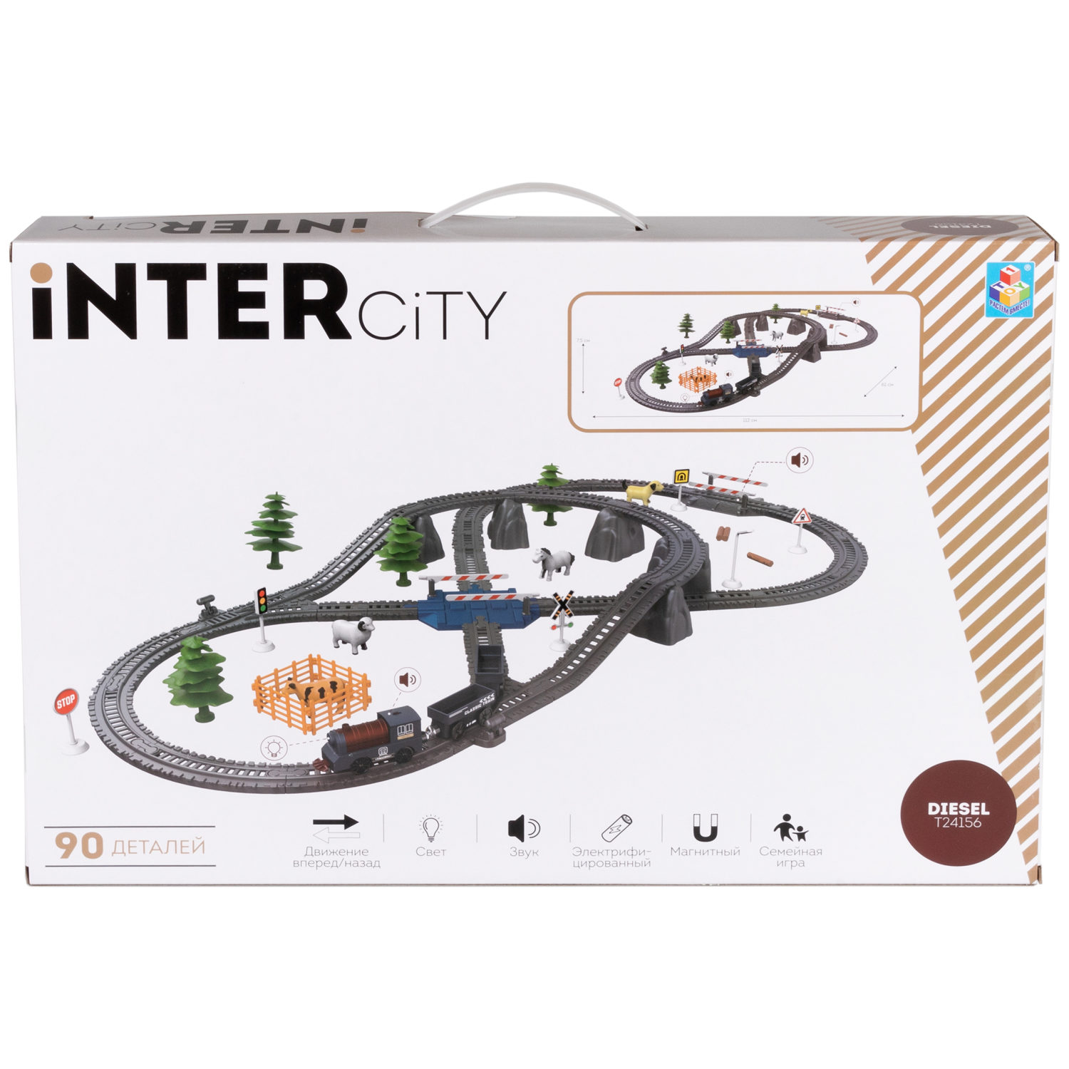 Детская железная дорога с электропоездом 1TOY InterCity, со светом, звуком, паровоз на рельсах, в подарочном наборе, 90 деталей