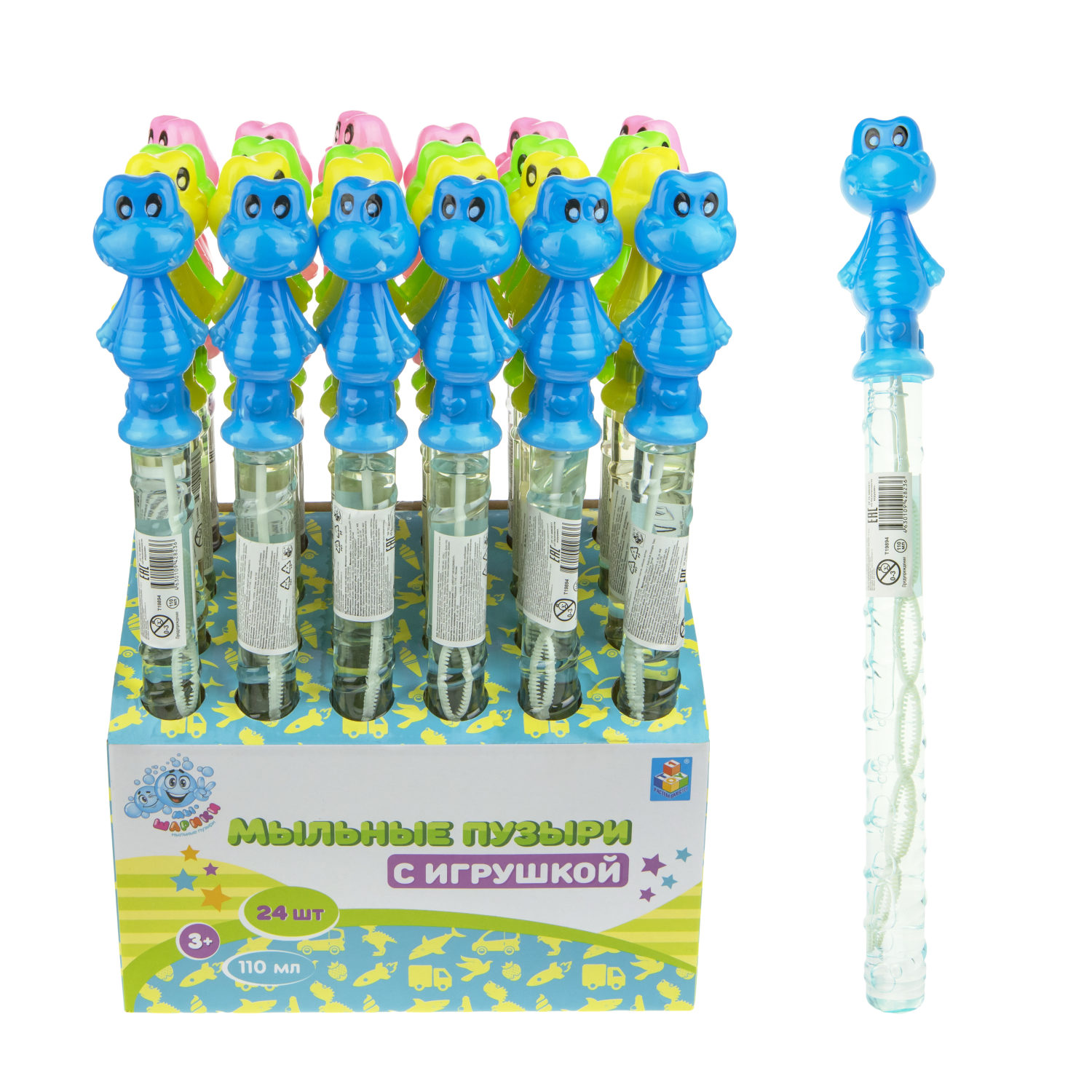 Мыльные пузыри с игрушкой 1TOY Мы-шарики! Крокодил, 110 мл, 4 цвета в ассортименте