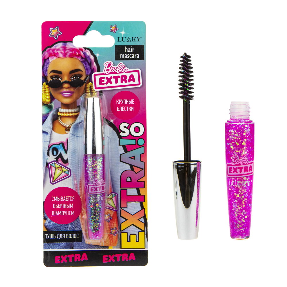 Детская тушь для волос от Barbie Extra и LUKKY с крупными голографическими блёстками разной формы, гель-глиттер для волос розовый