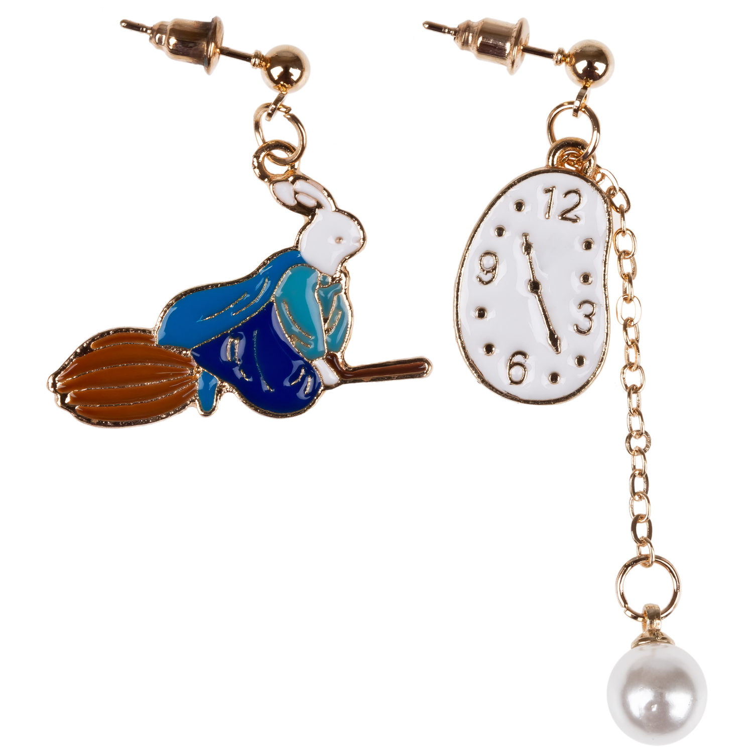 Серьги-гвоздики Lukky Fashion "Кролик на метле и Часы"