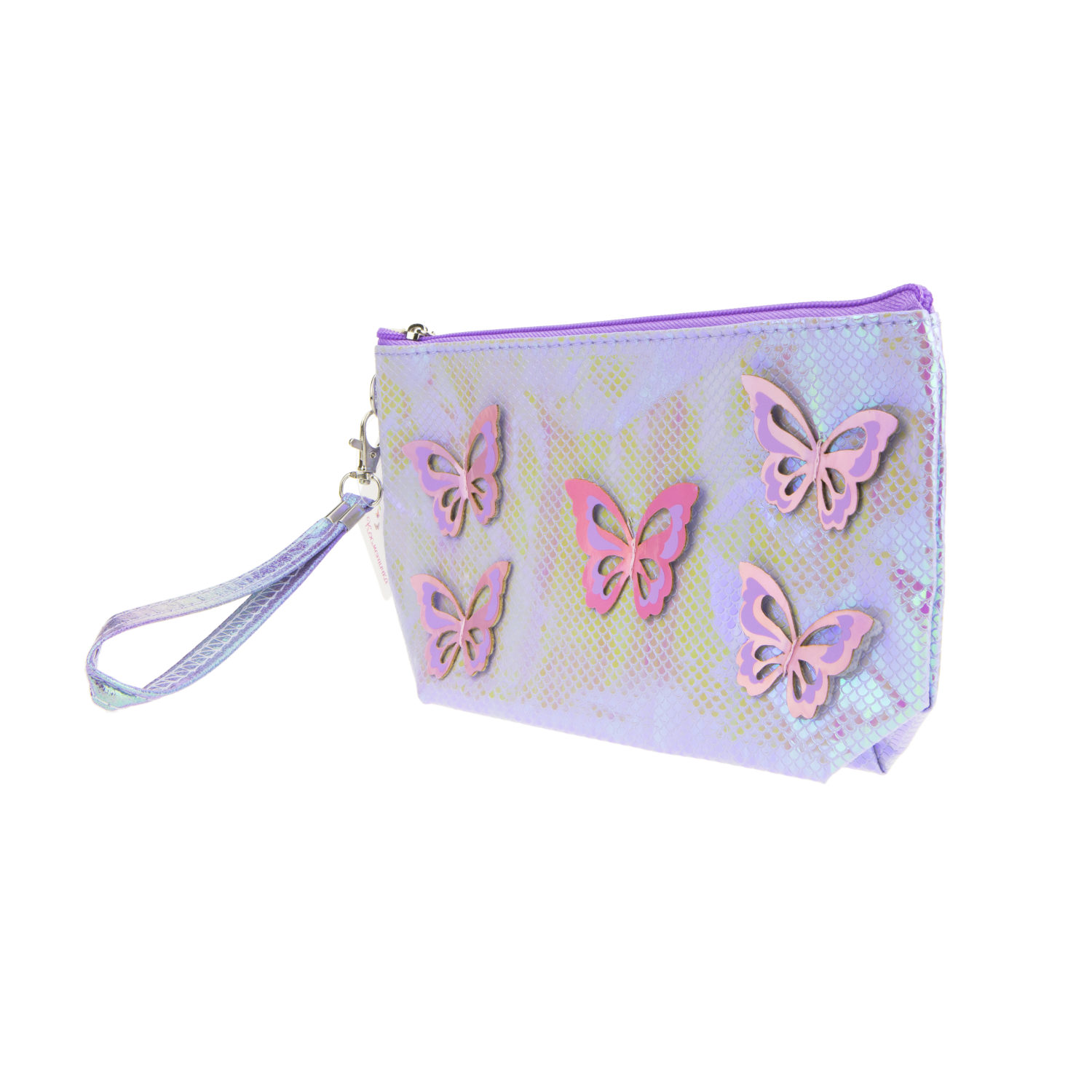 Пенал школьный, косметичка LUKKY для девочек, девушек, фиолетовая с накладными бабочками, с ремешком, 24х13 см