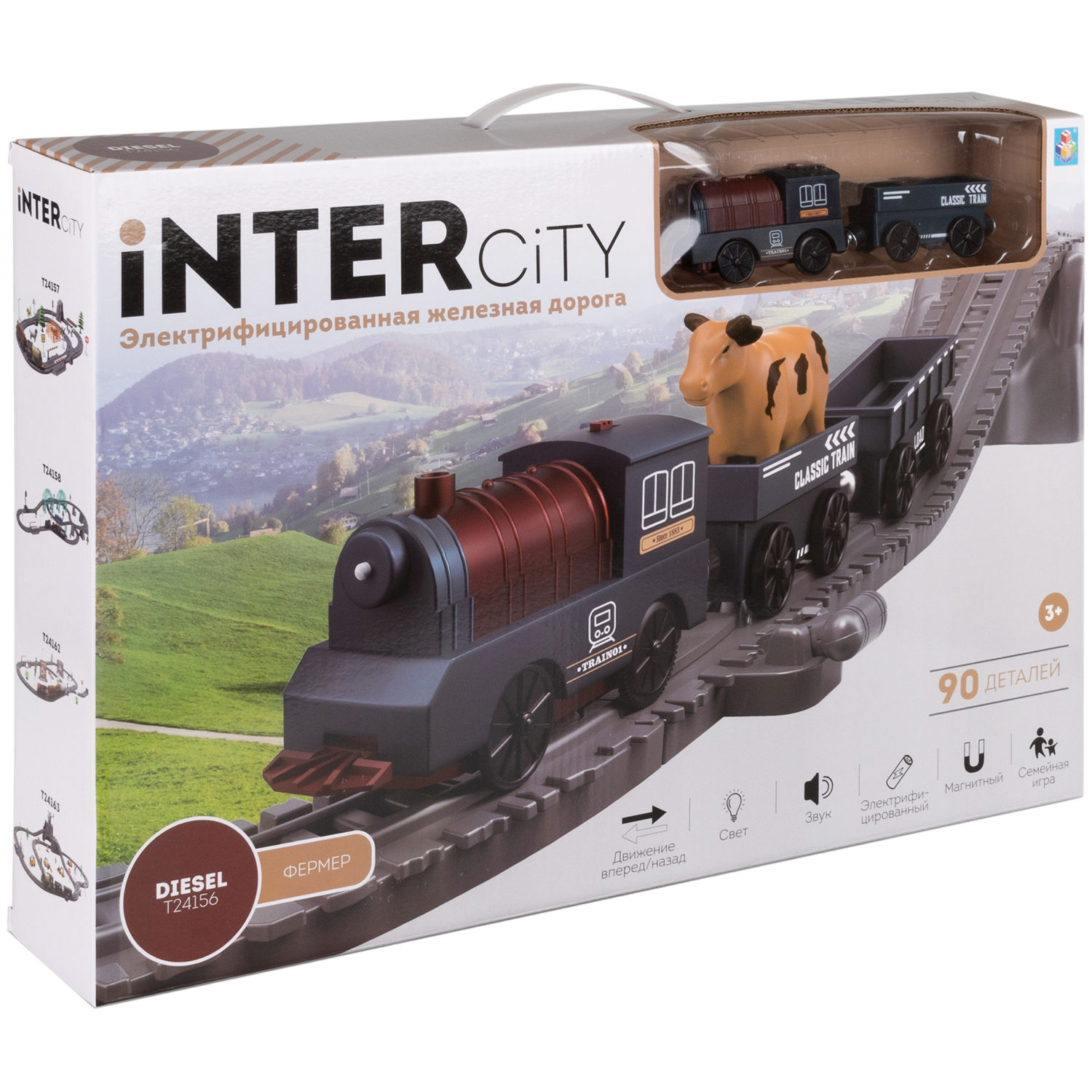 Детская железная дорога с электропоездом 1TOY InterCity, со светом, звуком, паровоз на рельсах, в подарочном наборе, 90 деталей