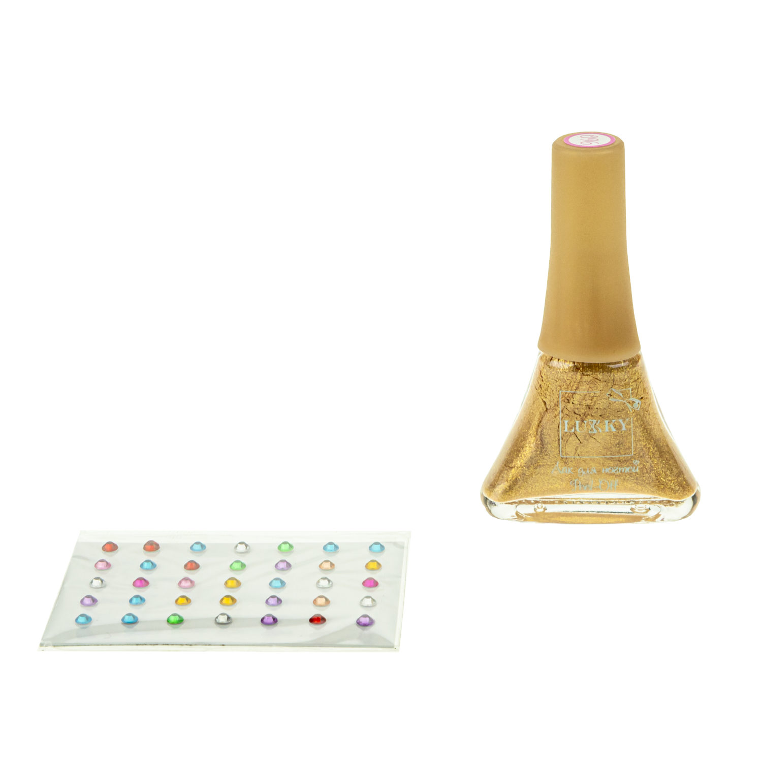 Набор для маникюра детский LUKKY Нэйл-Дизайн #3 Кристалл: лак для ногтей на водной основе золотой металлик + стразы-наклейки