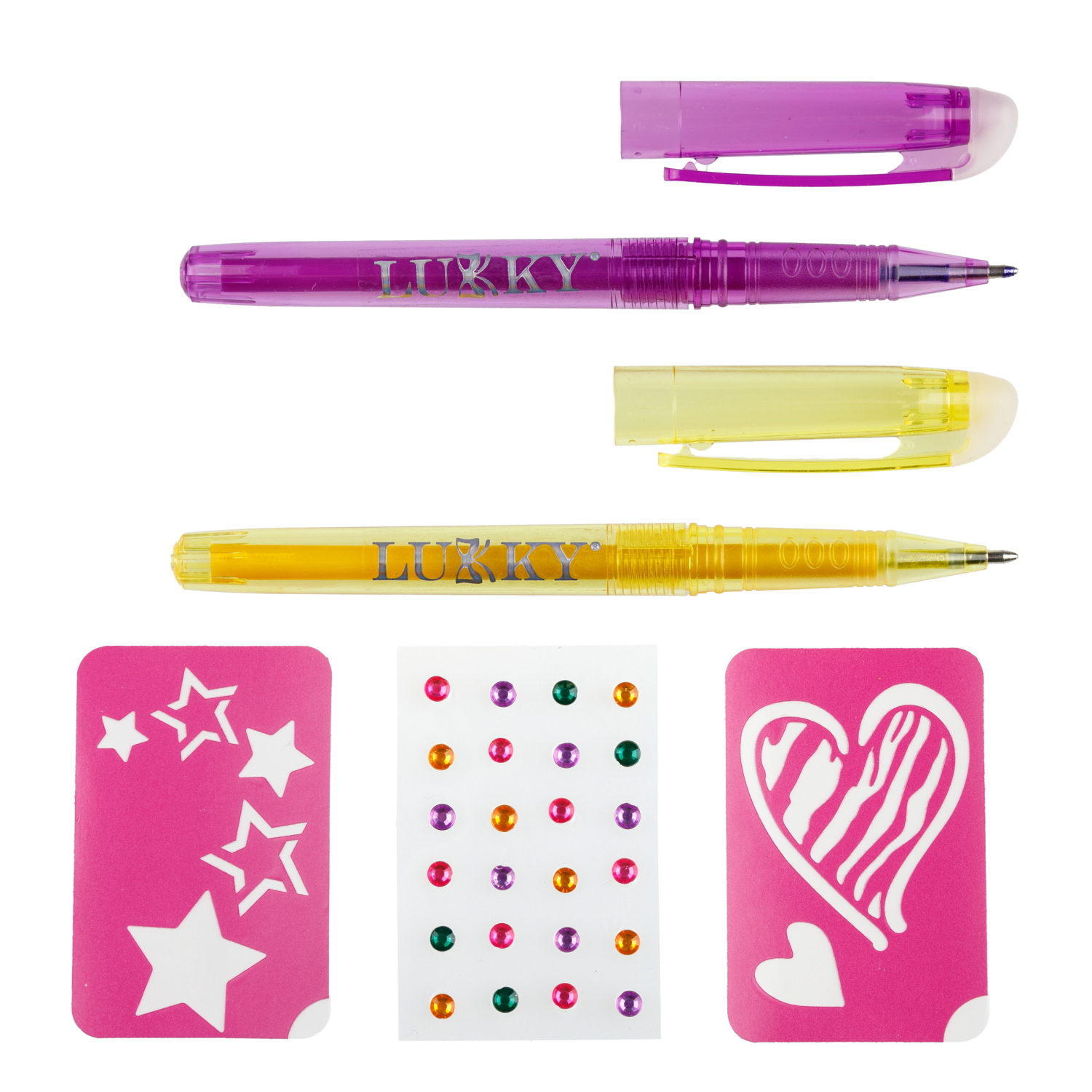 Lukky"Дизайнер-Сет"#5 набор для боди-арта с 2 тату ручками,трафаретами,стразами для лица и тела, цвет фиолетовый, оранжевый, блистер