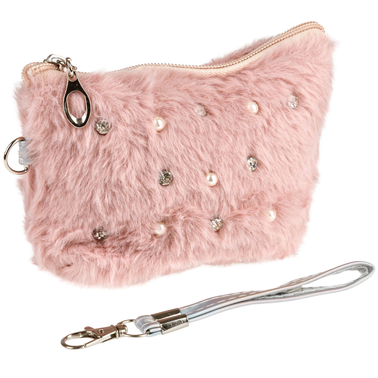 Косметичка плюшевая Lukky Diamond со стразами и жемчужинами, розовая,10*15 см