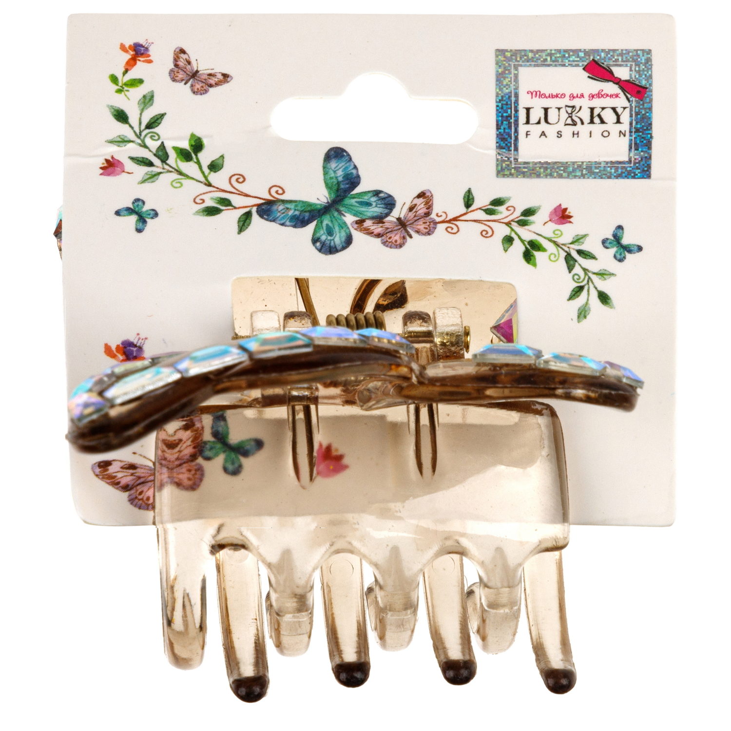 Lukky Fashion заколка-краб д.волос Бабочка Crystal с голограф.отделкой,4 цв.:золотой/розовый/малиновый/серебряный микс