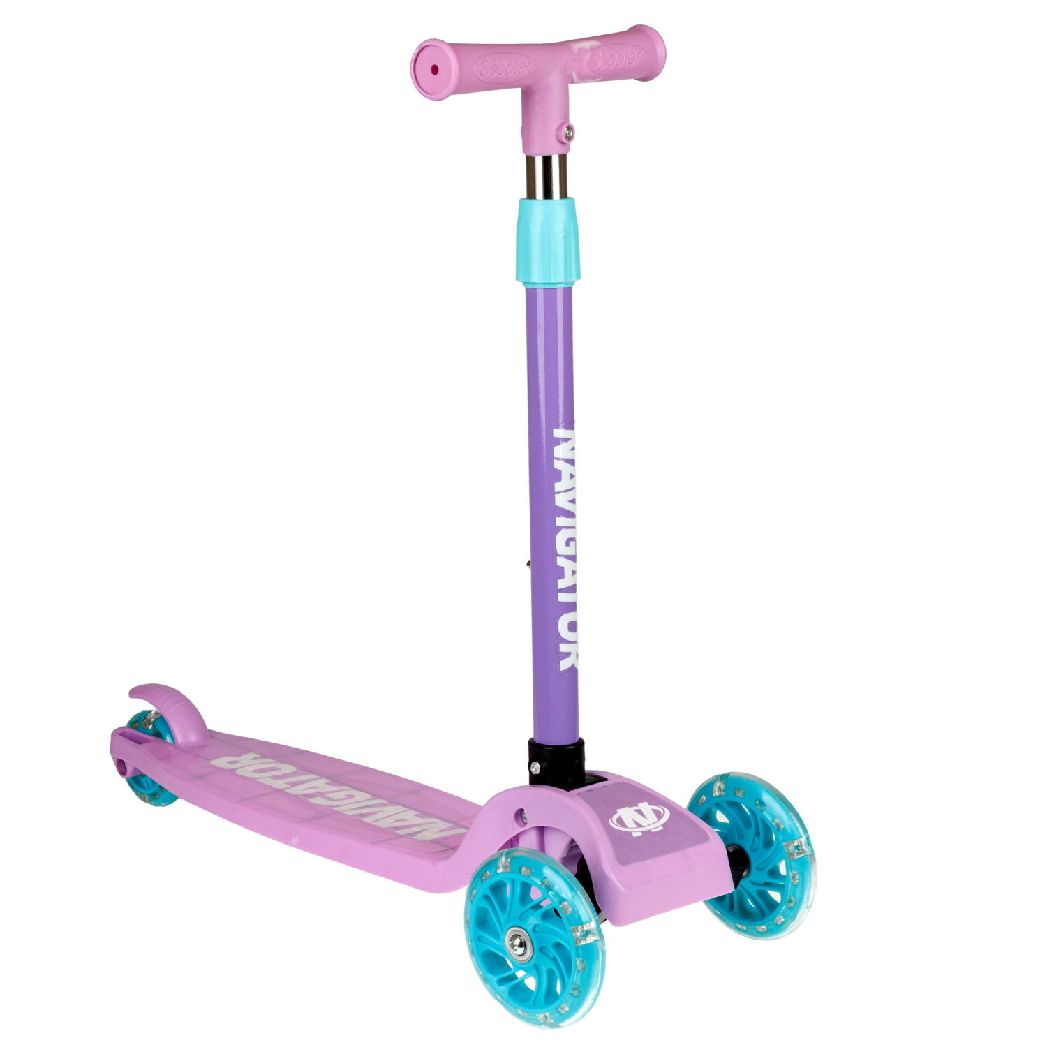 Самокат Navigator, упр.накл, PVC светящ. кол.2х110мм/80мм, складной, высота руля 58-72см, дека 36*12см, пласт ручки, пакет, розовый