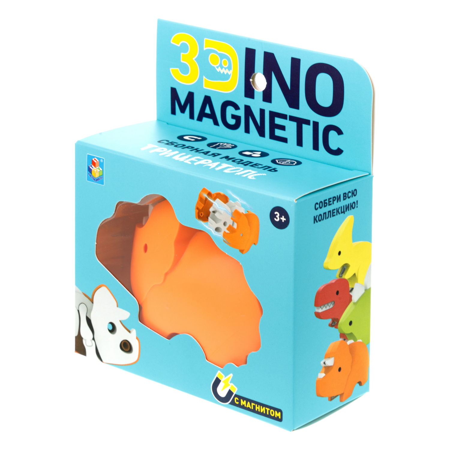 Игрушка динозавр 1TOY 3Dino Magnetic Трицератопс, сборный, с магнитом, для развития моторики и сил рук, цвет в ассортименте