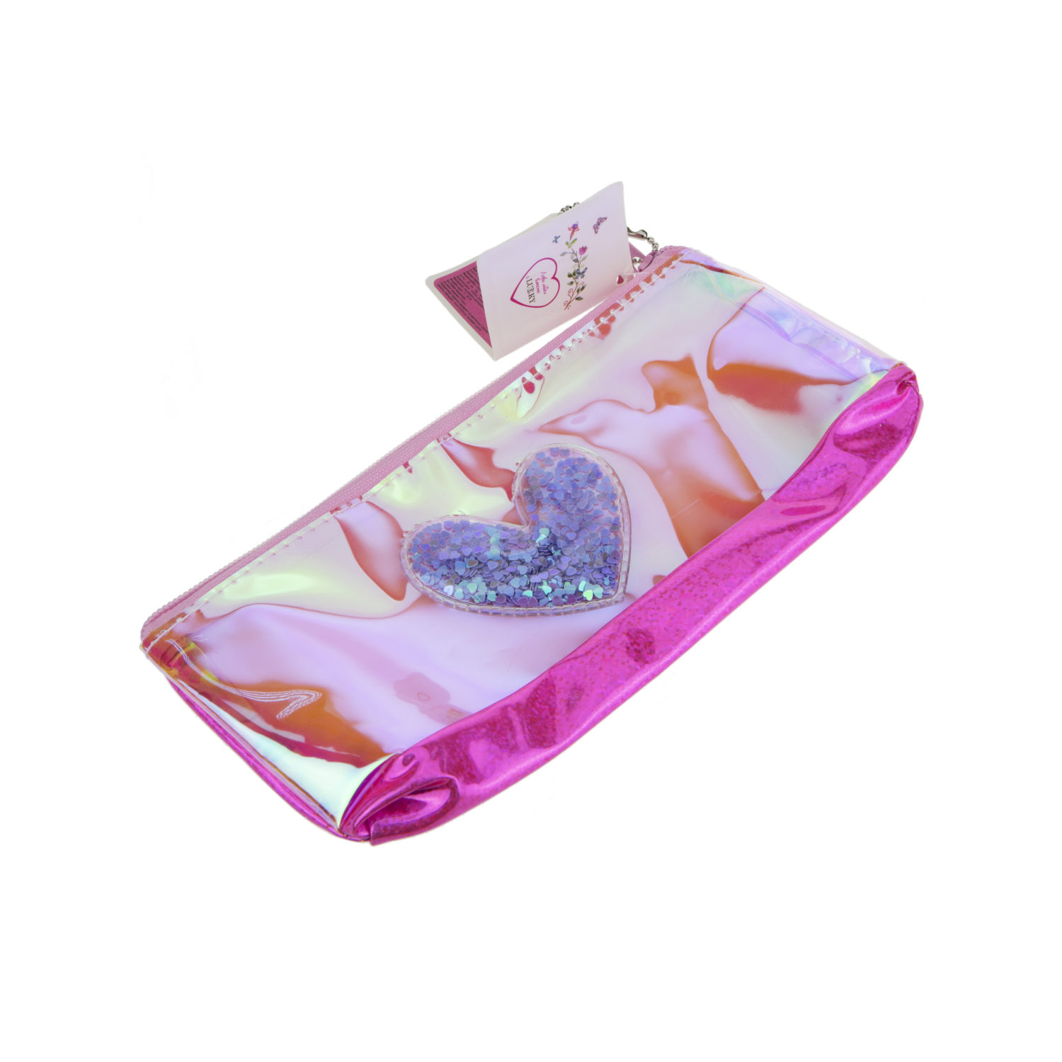 Пенал школьный, косметичка LUKKY для девочек, девушек, голографическая, с аппликацией сердца, 21х10 см