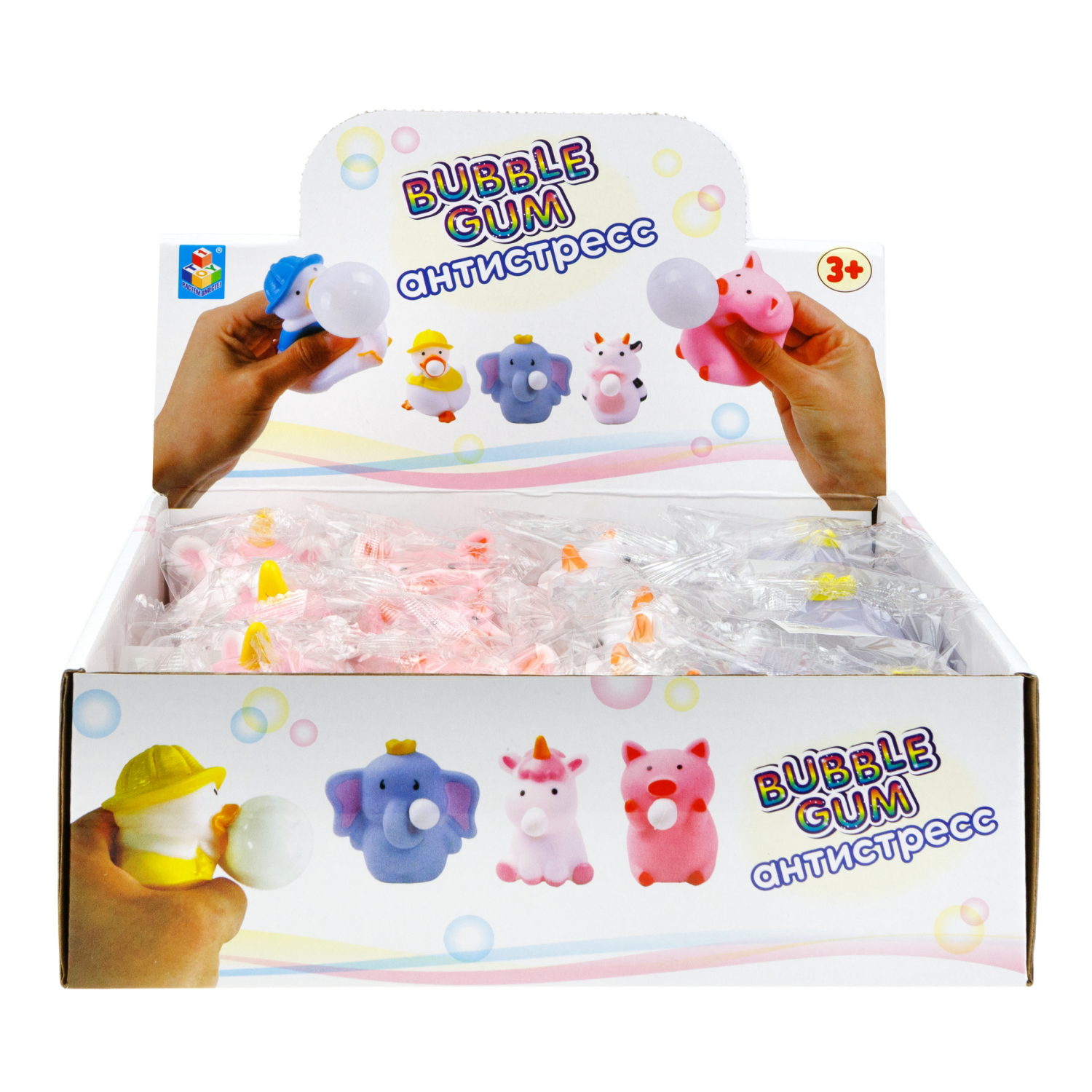 1toy Bubble Gum-антистресс "Животные" 6,5х6,5х5 см, 4 вида в асс., 12 шт. в д/б