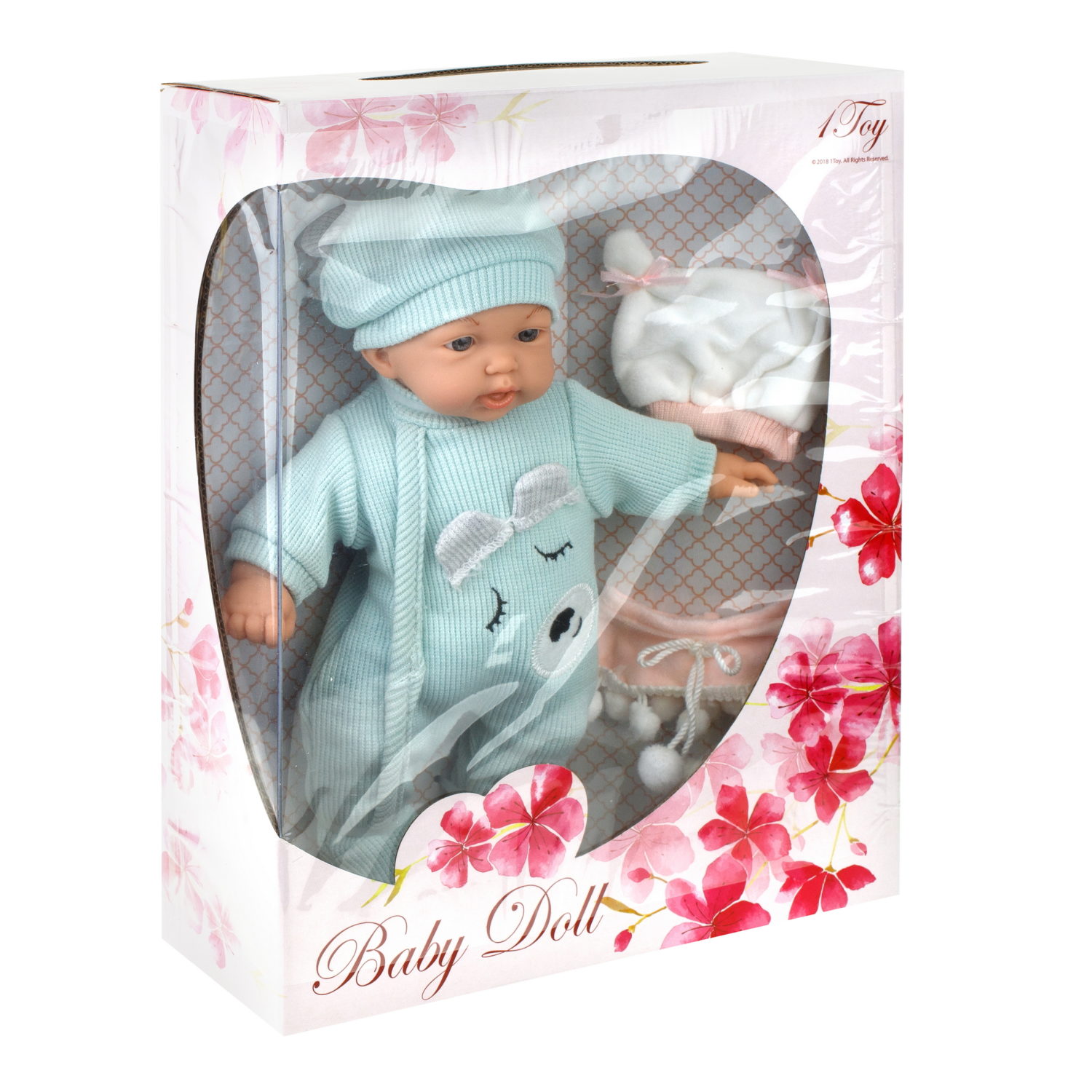 Пупс в голубом комбинезоне 28 см,с шапочкой и слюнявчиком