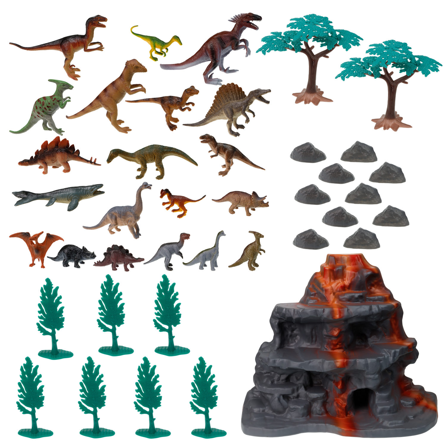 Игровой набор динозавров 1TOY "В мире животных", 40 шт., фигурки: стегозавр, птеранодон, гадрозавр, трицератопс, велоцираптор, тираннозавр рекс