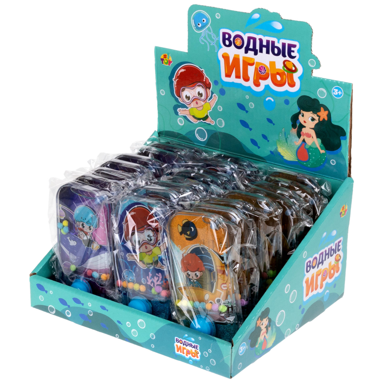 1TOY Игра с водой забрось мячики дайверы, 3 вида в асс. 11,5*6*2см, 24 шт в дисплей боксе