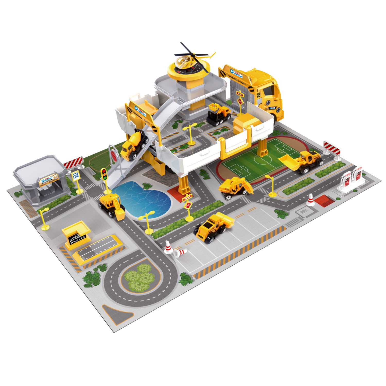 Парковка-грузовик трансформер 1TOY Транспаркинг Строительная бригада, 37,5х21х13 см