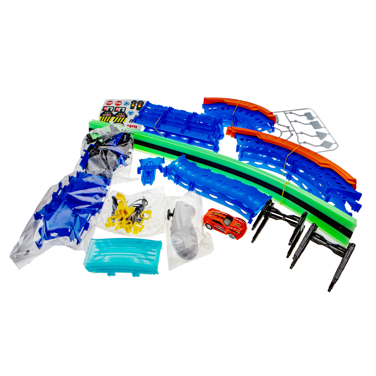 Гоночный автотрек с машинкой на пульте управления 1TOY Neotrack, дорога автомобильная, трасса, гибкий трек светящийся, 62 детали