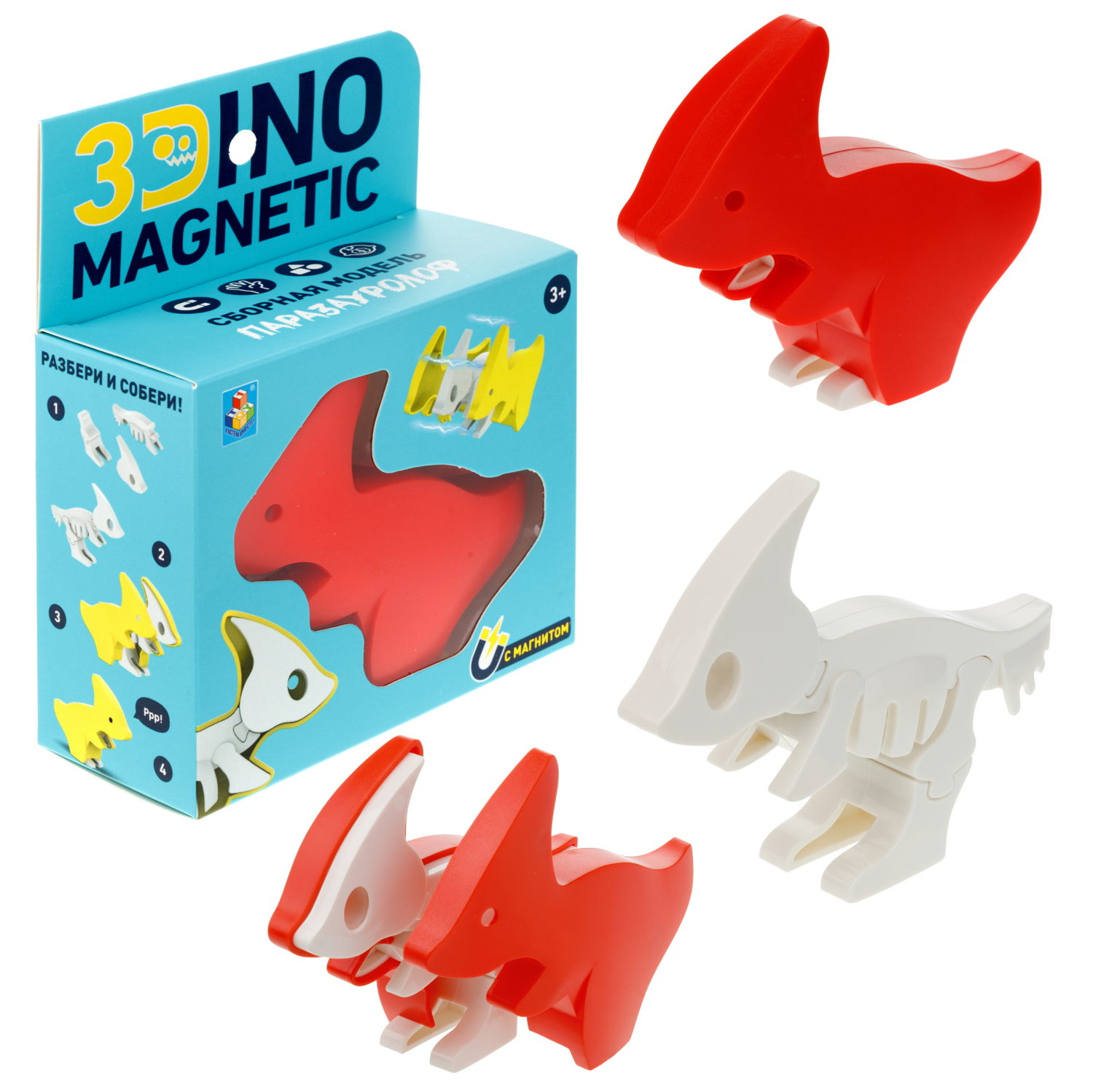 Игрушка динозавр 1TOY 3Dino Magnetic Паразауролоф, сборный, с магнитом, для развития моторики и сил рук, цвет в ассортименте 