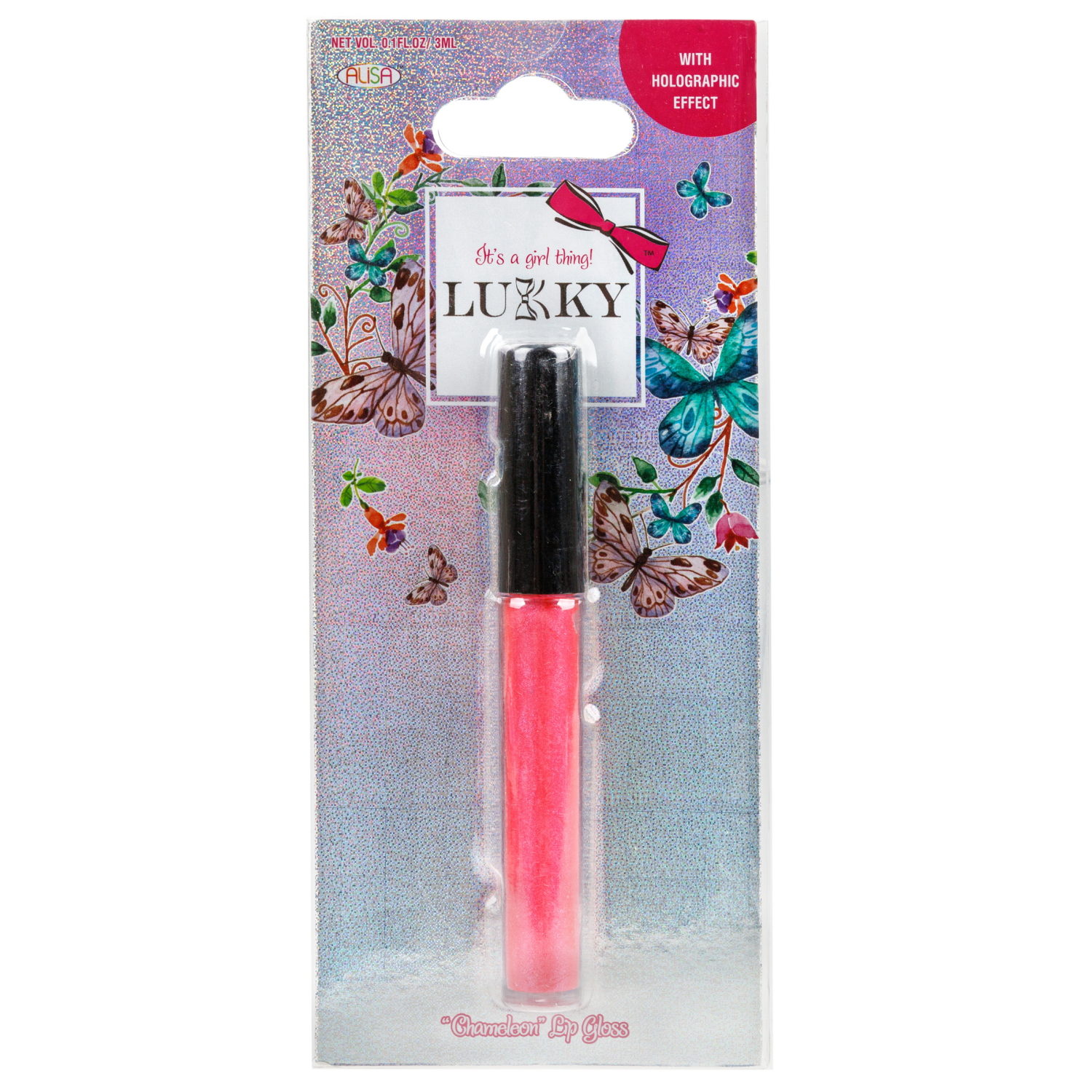 Lukky Голографический блеск для губ 3 мл, красный, с ароматом черной смородины, блистер-А