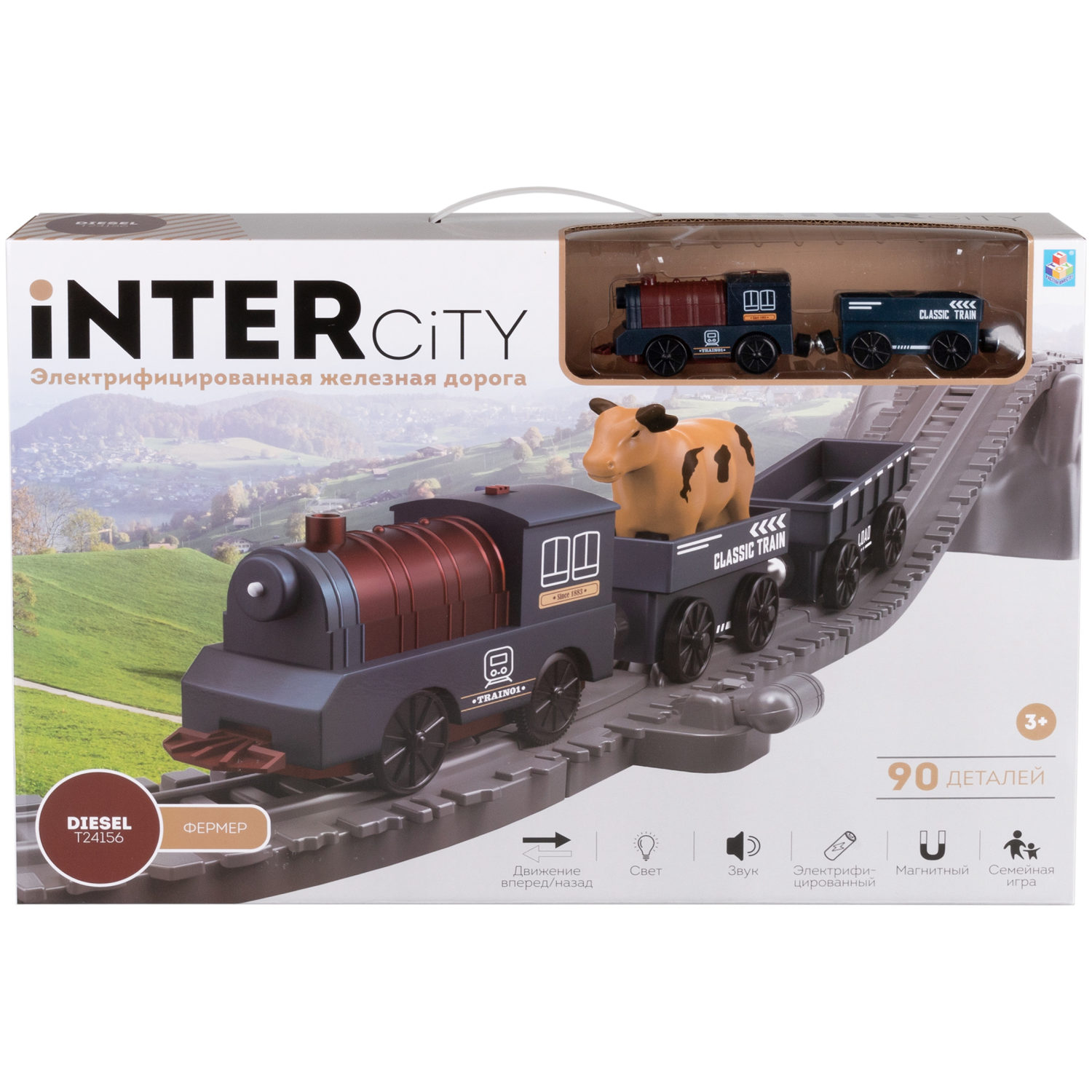 Детская железная дорога с электропоездом 1TOY InterCity, со светом, звуком, паровоз на рельсах, в подарочном наборе, 90 деталей