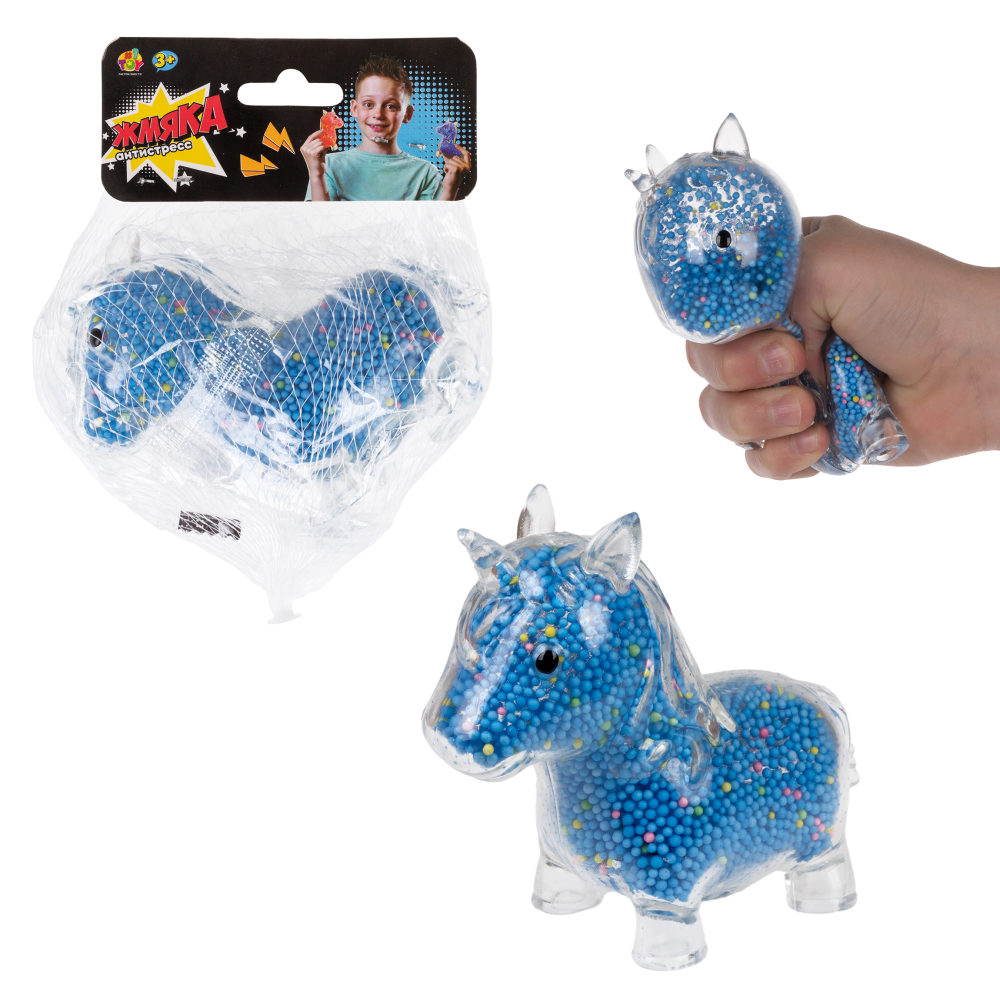 1toy Жмяка единорог с пенопластовыми шариками, 11х8 см, синий