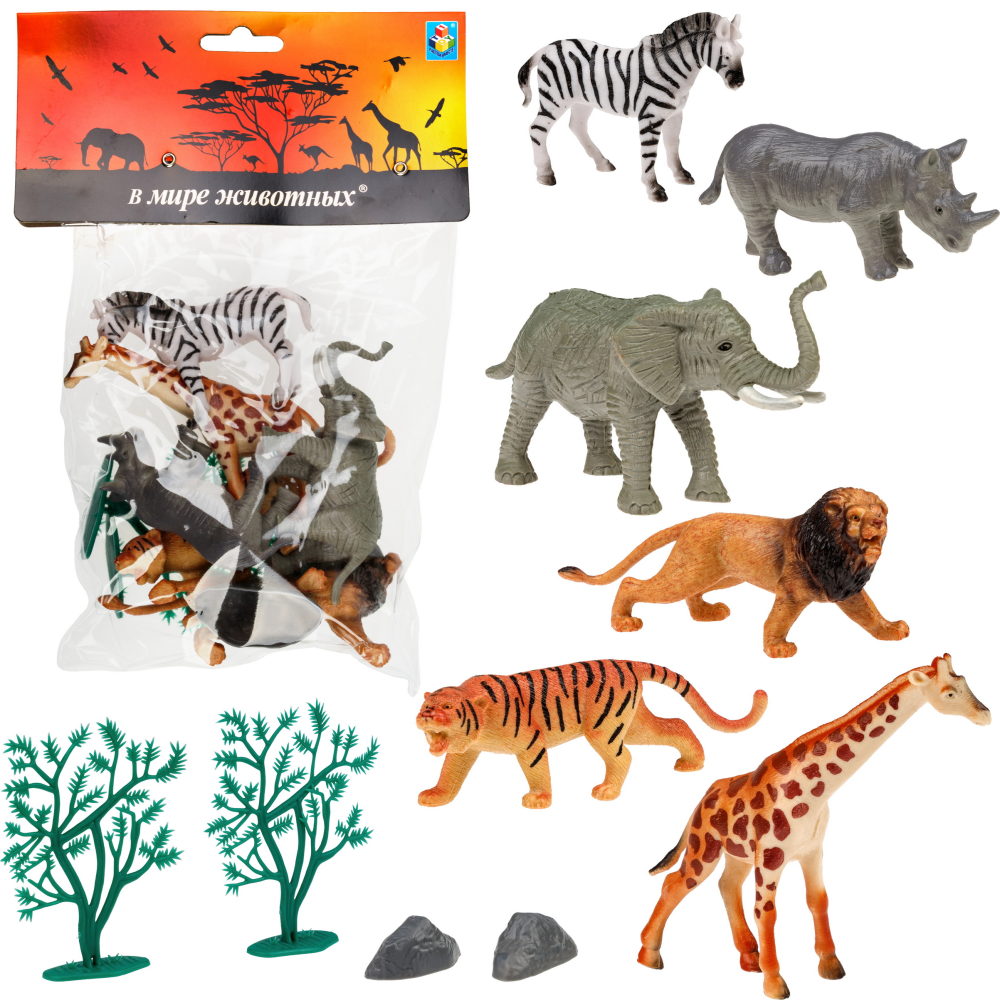 Игровой набор 1TOY "В мире животных", фигурки диких животных Африки: фламинго, страус, обезьяна, гиена, орикс, 10 шт.