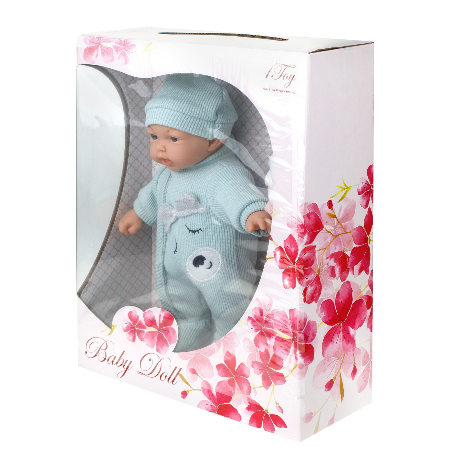 Пупс в голубом комбинезоне 28 см,с шапочкой и слюнявчиком