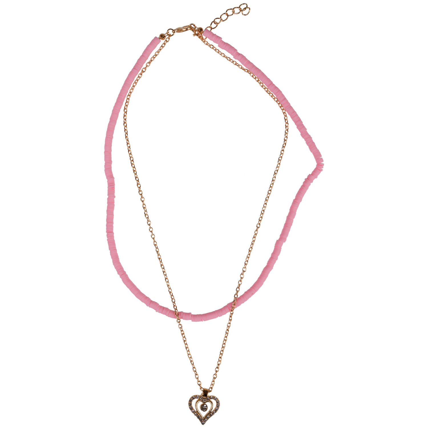 Двойная цепочка с пластиковыми бусами Lukky Fashion с подвеской со стразами "Сердечко", розовый