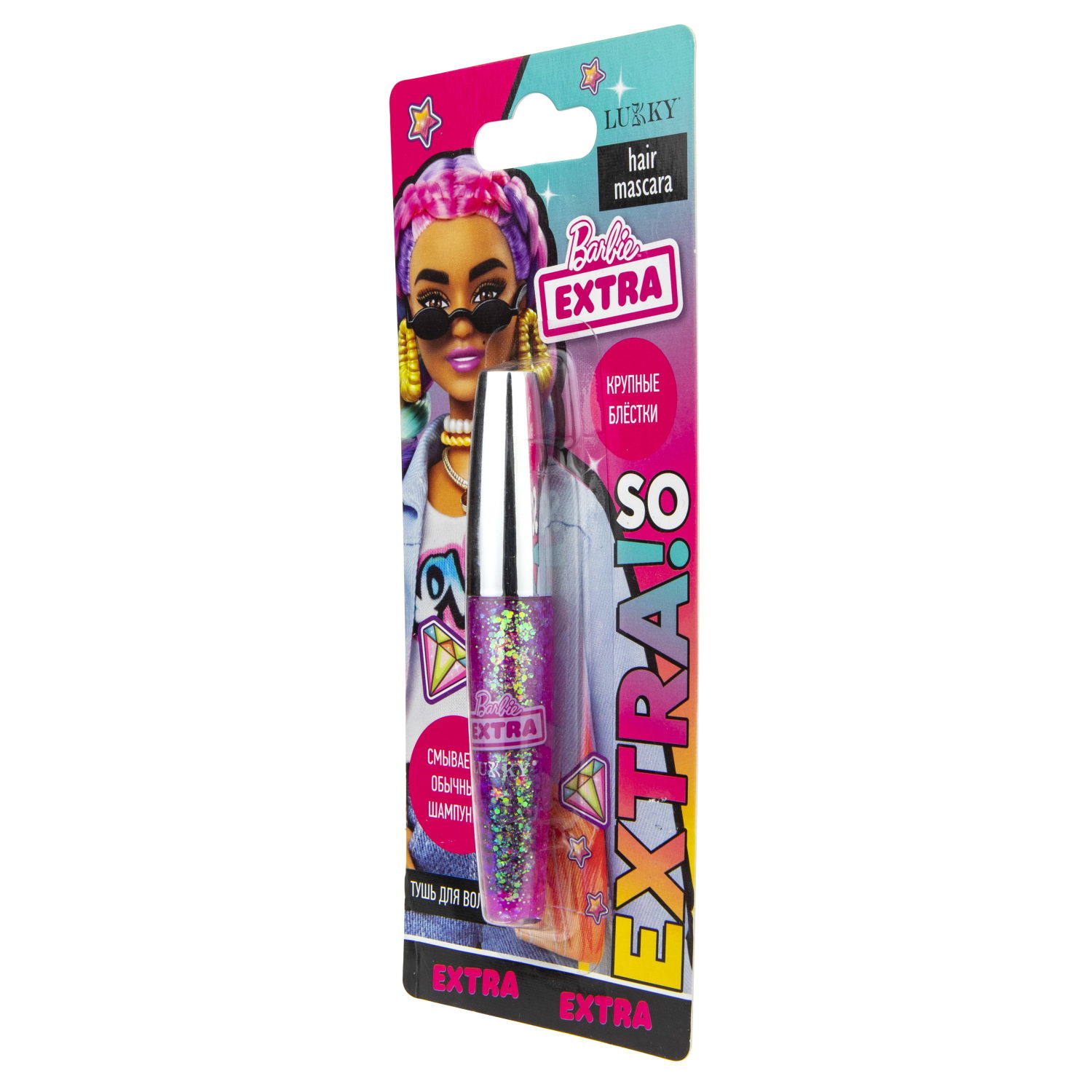 Детская тушь для волос от Barbie Extra и LUKKY с крупными голографическими блёстками разной формы, гель-глиттер для волос розовый