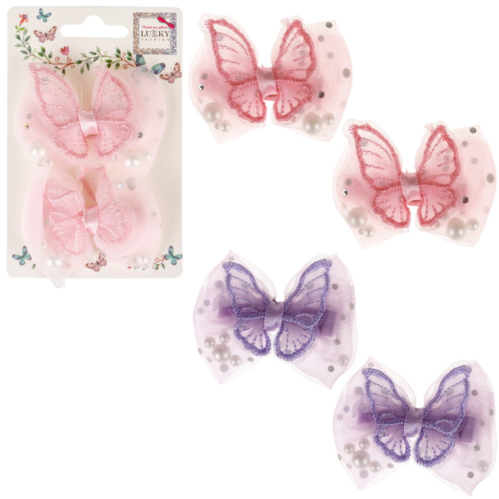 Заколки для волос Lukky Fashion Бантик Шифон с жемчужинами, детские, для девочки, зажимы, 2 цвета в ассортименте, набор 2 шт.
