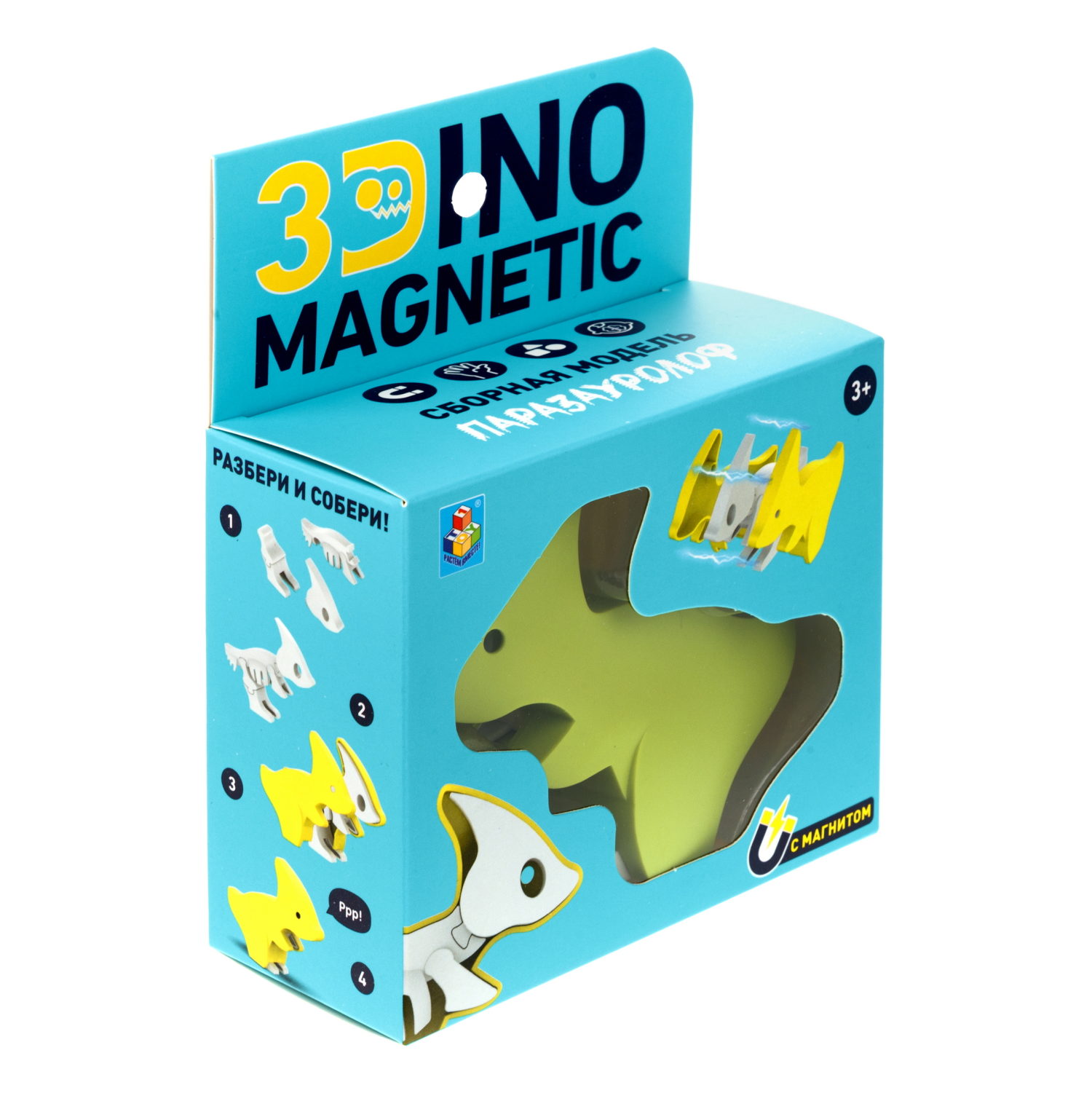 Игрушка динозавр 1TOY 3Dino Magnetic Паразауролоф, сборный, с магнитом, для развития моторики и сил рук, цвет в ассортименте 
