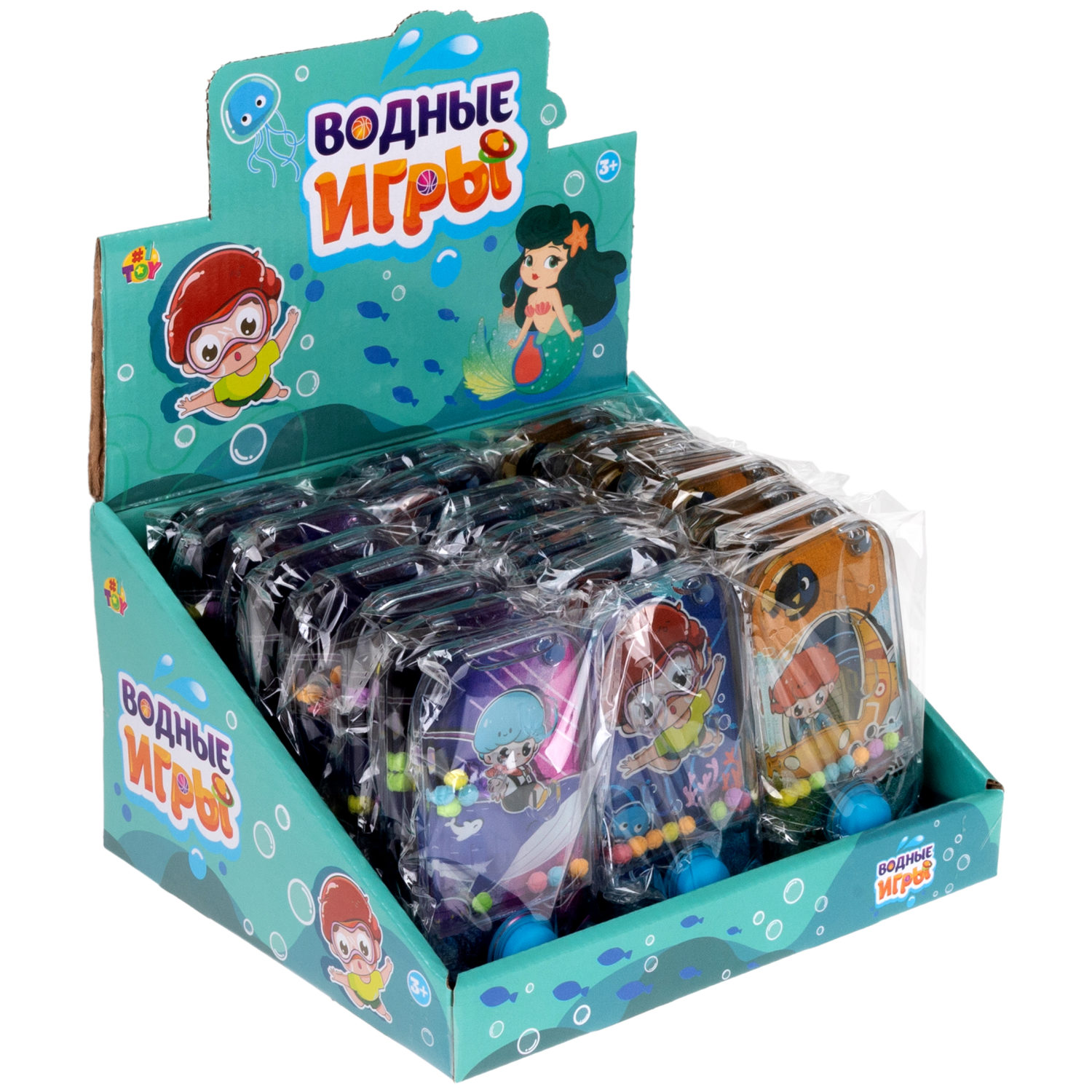 1TOY Игра с водой забрось мячики дайверы, 3 вида в асс. 11,5*6*2см, 24 шт в дисплей боксе