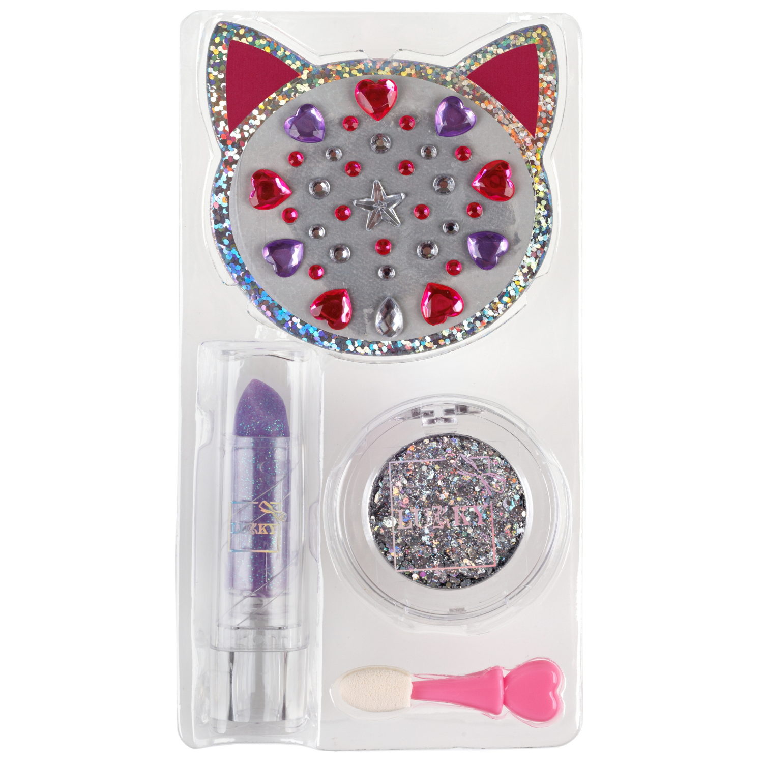 Lukky Дизайнер Сет #6, Сиреневый Котик,набор: помада для губ,меняющая цвет на розовый, гель-блёстки, стразы для лица, аппликатор