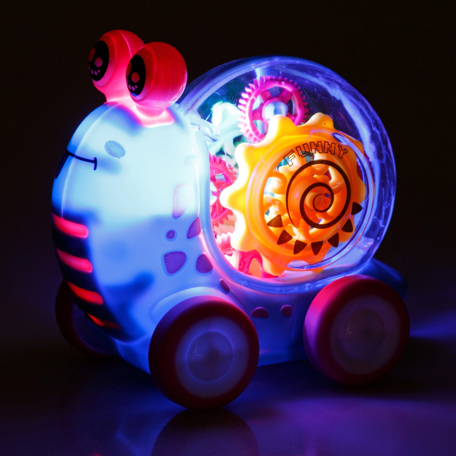 Игрушка прозрачная с шестеренками 1TOY Движок «Улитка», со светом, голубая