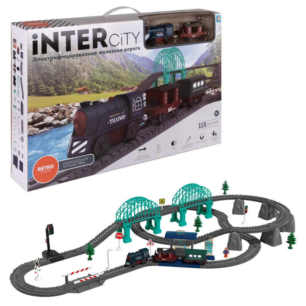Детская железная дорога с электропоездом 1TOY InterCity, со светом, звуком, паровоз на рельсах, в подарочном наборе, 115 деталей