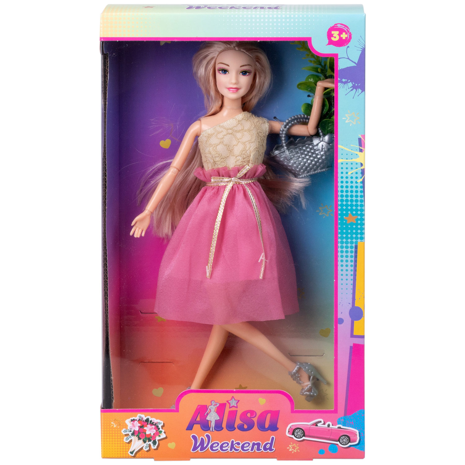 Кукла Alisa Weekend в розовом платье, с аксессурами: сумочкой, цветами, 29 см