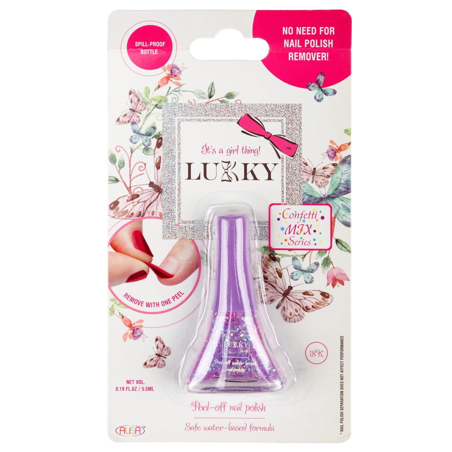 Детский лак для ногтей на водной основе с блестками Lukky, Конфетти-Микс, безопасный, фиалковый перламутр с блёстками, блистер, 5,5 мл
