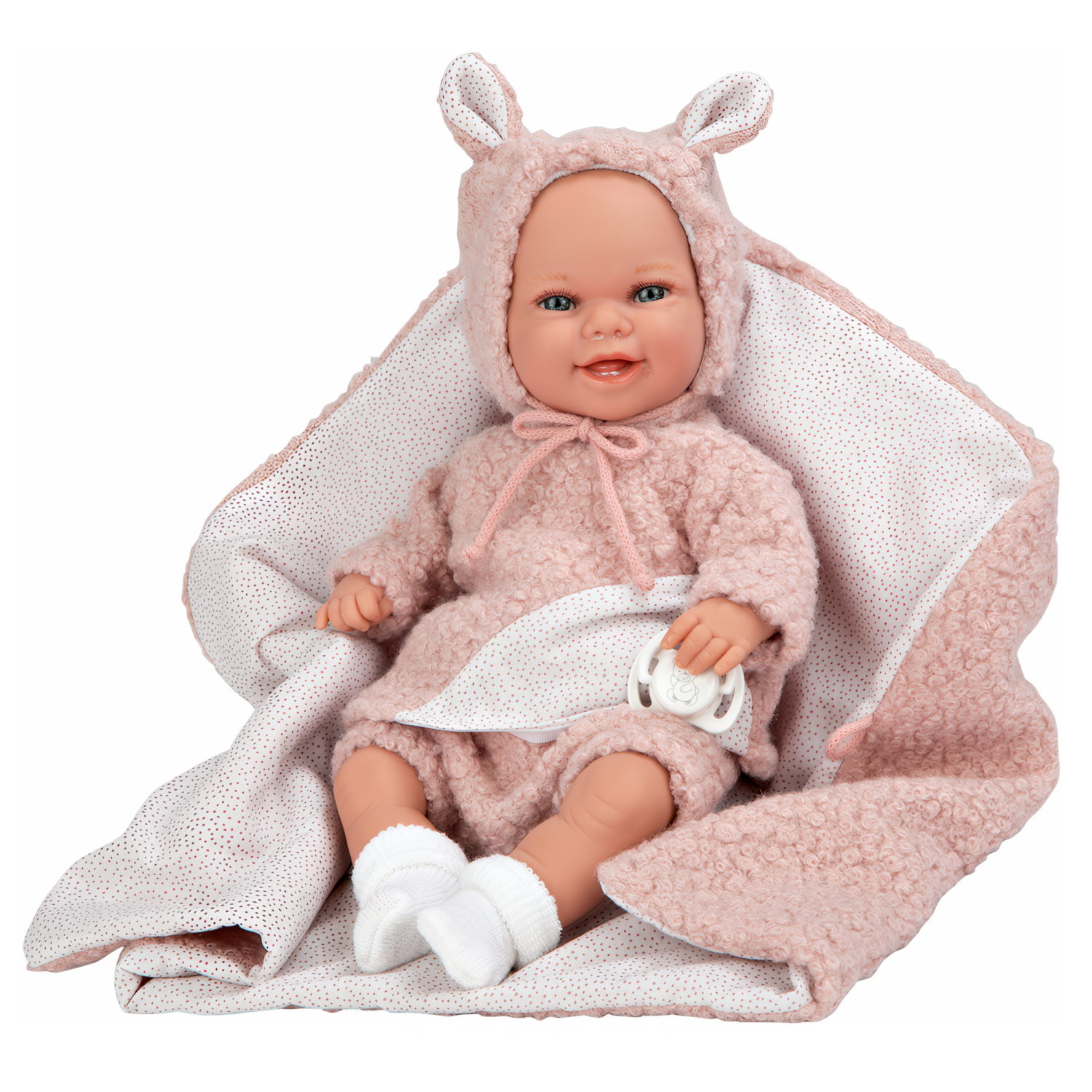 Arias ELEGANCE BABYTO кукла утяжеленная мягк.с винил.конечностями,35 см,в мех.комбинезоне с капюшоном с ушками,с пледом,с соской