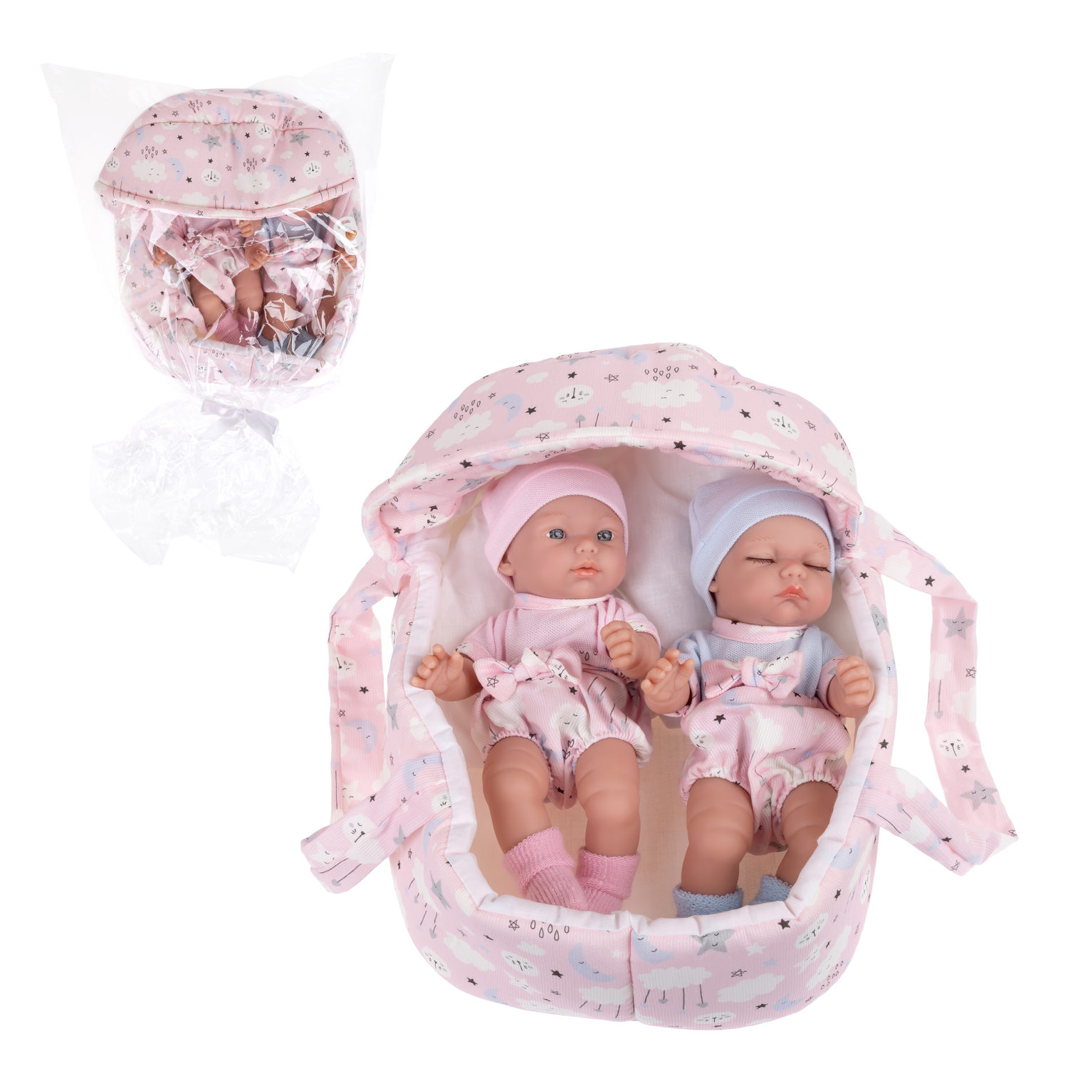 Куклы-двойняшки Arias ELEGANCE BABIS GEMELOS 26 см, винил, с соской и люлькой-переноской, Испания
