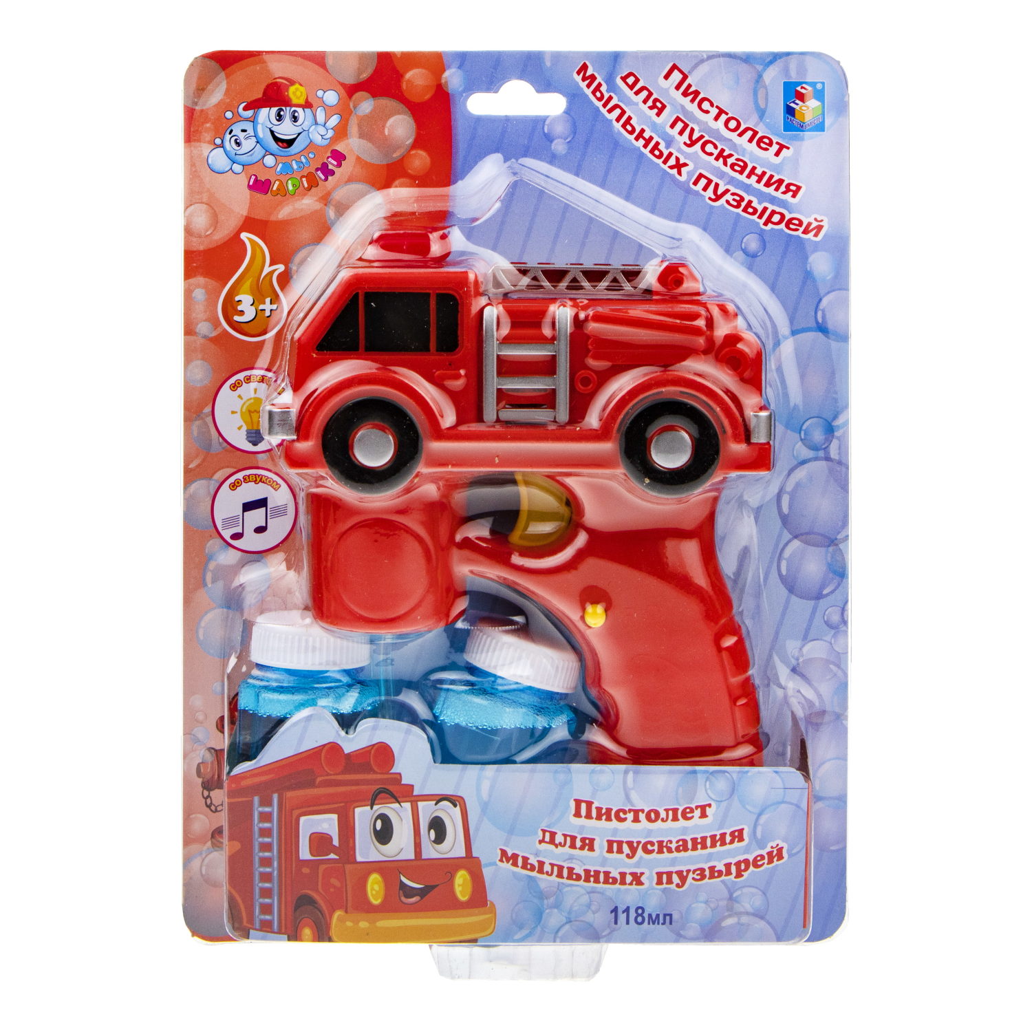 Набор для пускания мыльных пузырей 1TOY "Мы-шарики!" с пистолетом в виде пожарной машины. Со световыми и звуковыми эффектами. (118 мл.)