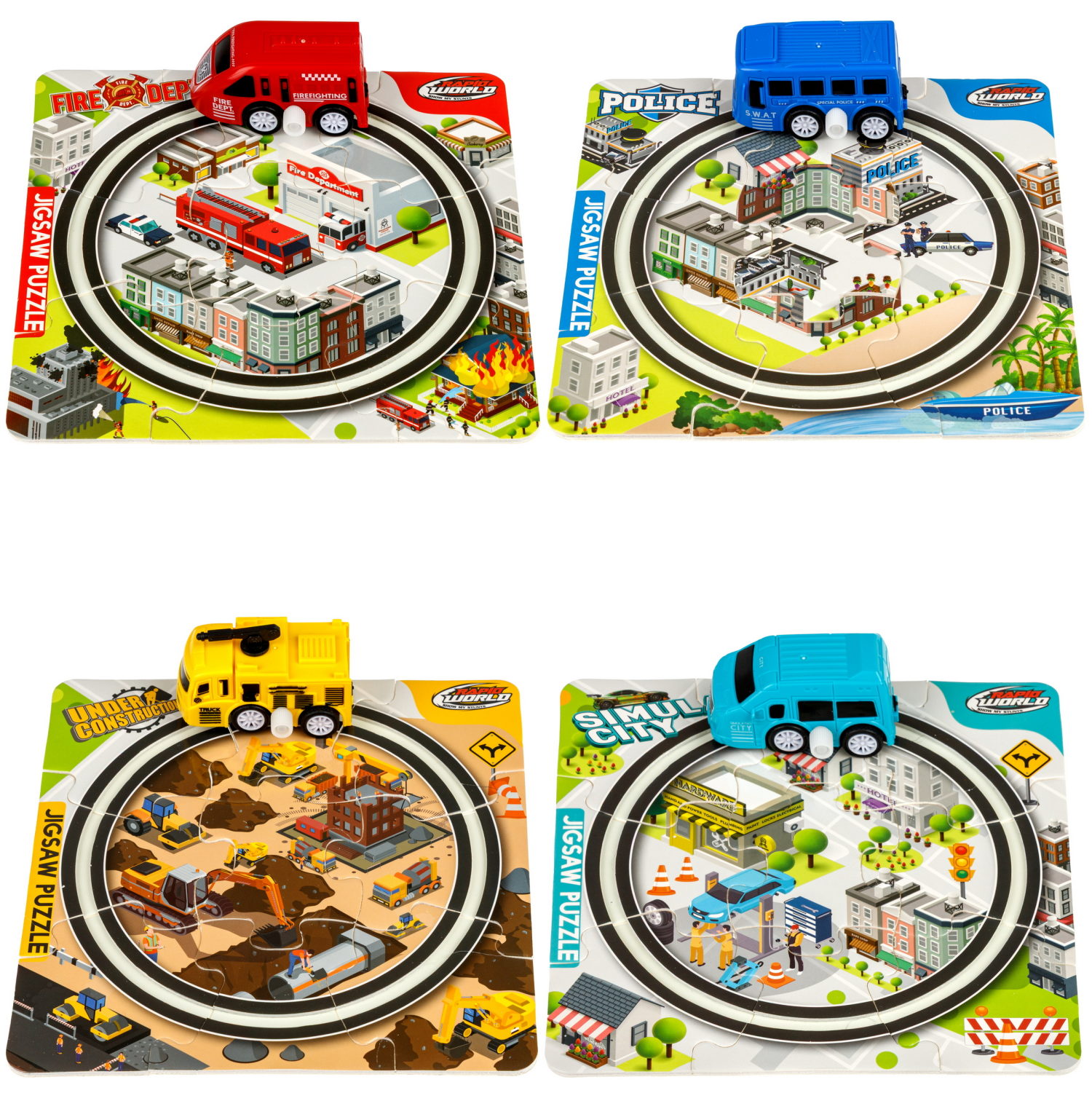 Игровой набор 1TOY Пазл-трек "Мегаполис" с машинкой, 4 вида, 10 деталей