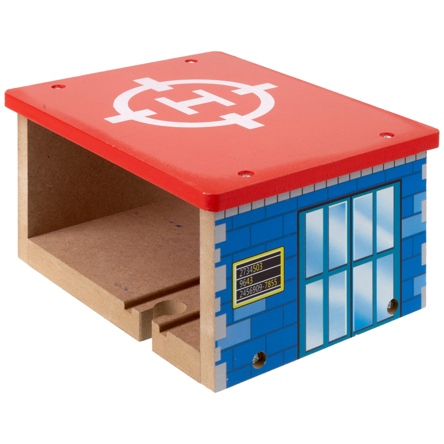 1TOY Goodok наб. аксессуаров для ж/д «Хелипорт»:дерев.станция-тоннель с вертолетной площадкой на крыше,с рельсами,вертолетом,кор.