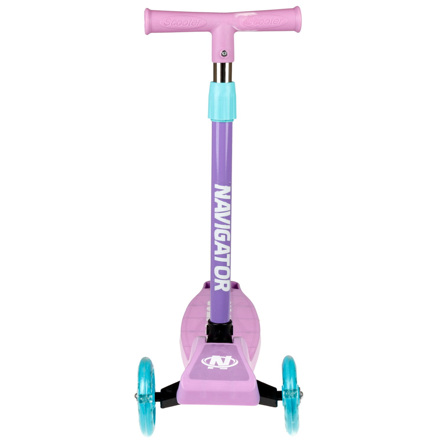 Самокат Navigator, упр.накл, PVC светящ. кол.2х110мм/80мм, складной, высота руля 58-72см, дека 36*12см, пласт ручки, пакет, розовый