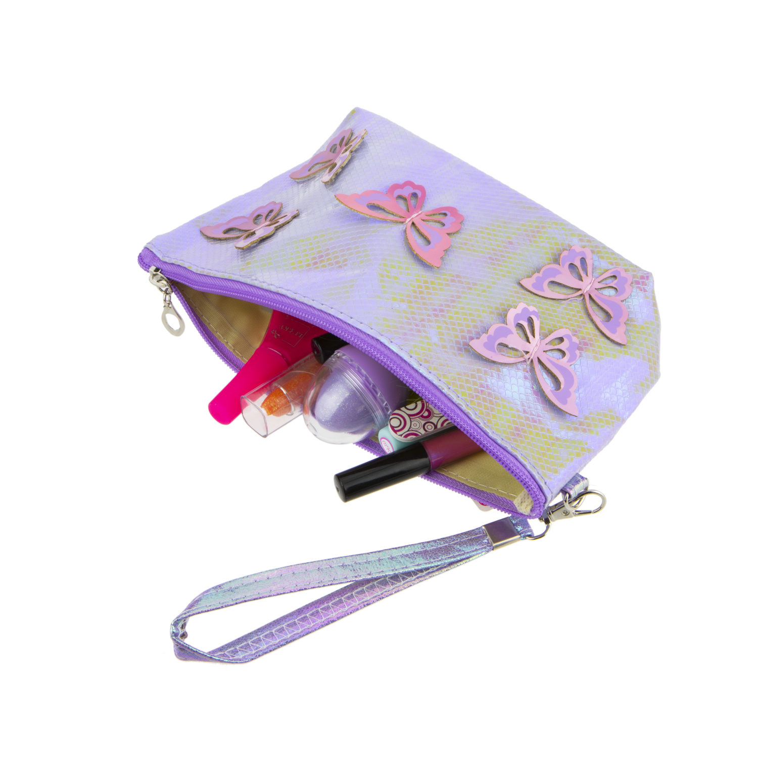 Пенал школьный, косметичка LUKKY для девочек, девушек, фиолетовая с накладными бабочками, с ремешком, 24х13 см