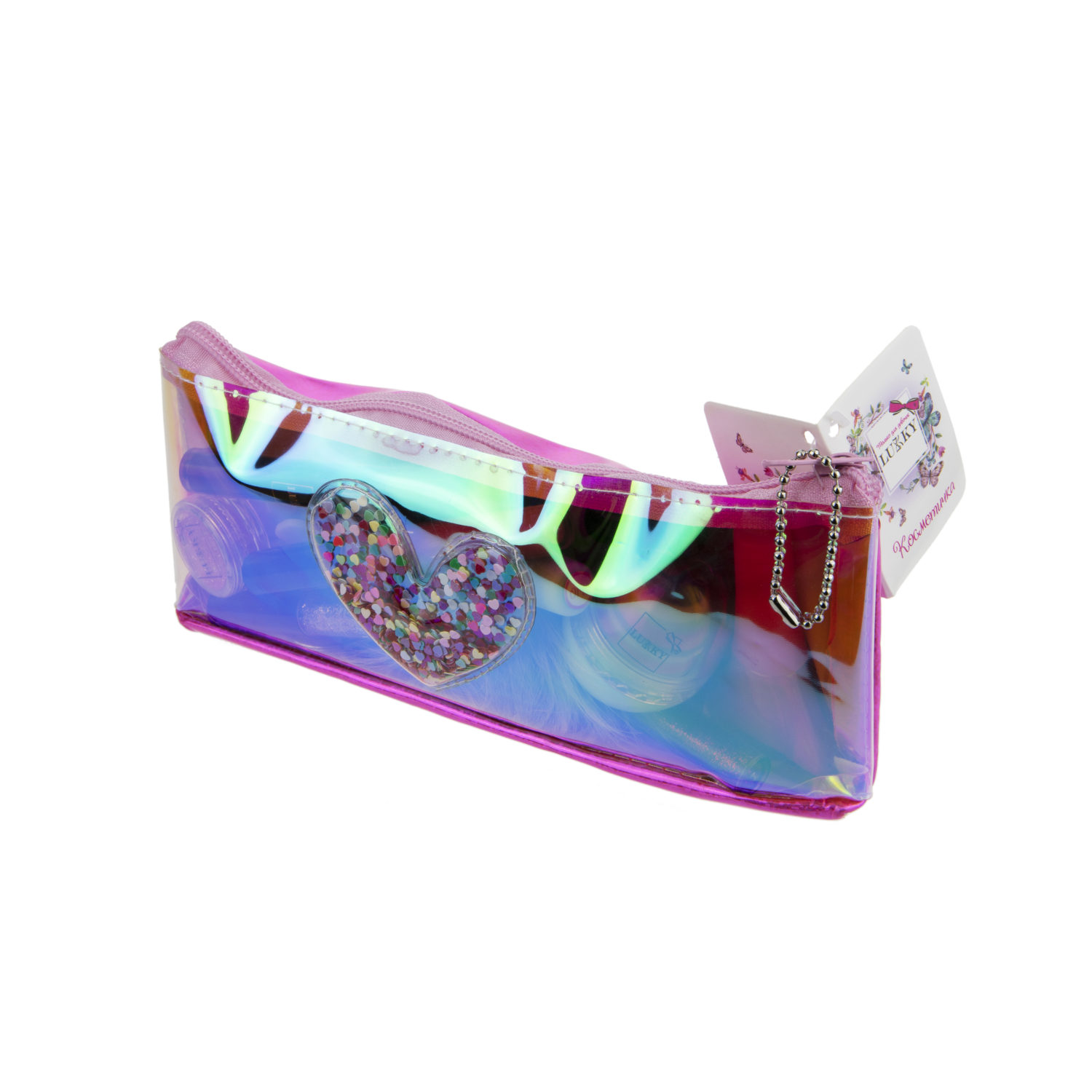 Пенал школьный, косметичка LUKKY для девочек, девушек, голографическая, с аппликацией сердца, 21х10 см