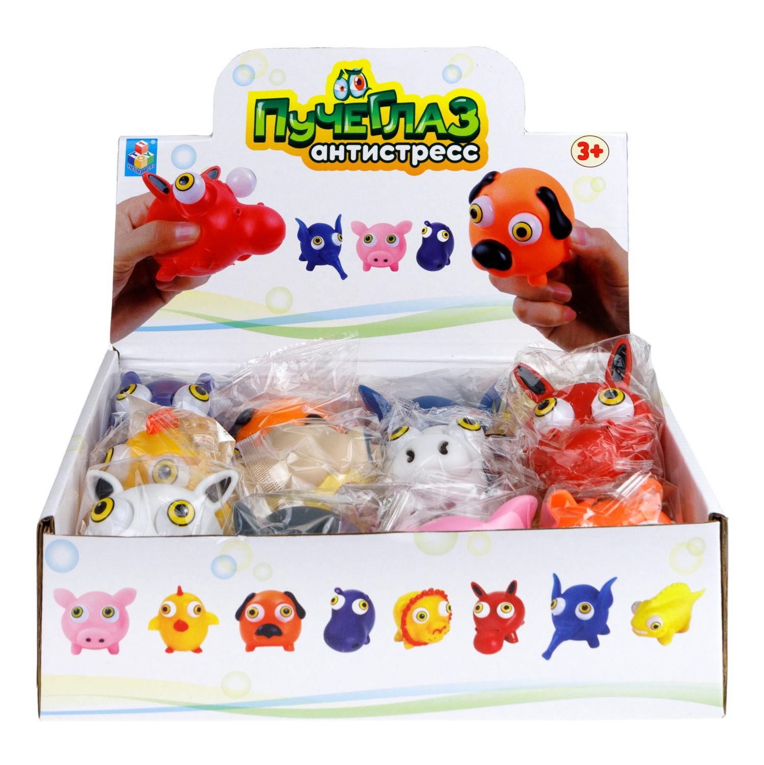 1toy Пучеглаз-антистресс "Животные мини" 8,2х7x6,8 см, 12 видов в асс., 12 шт. в д/б