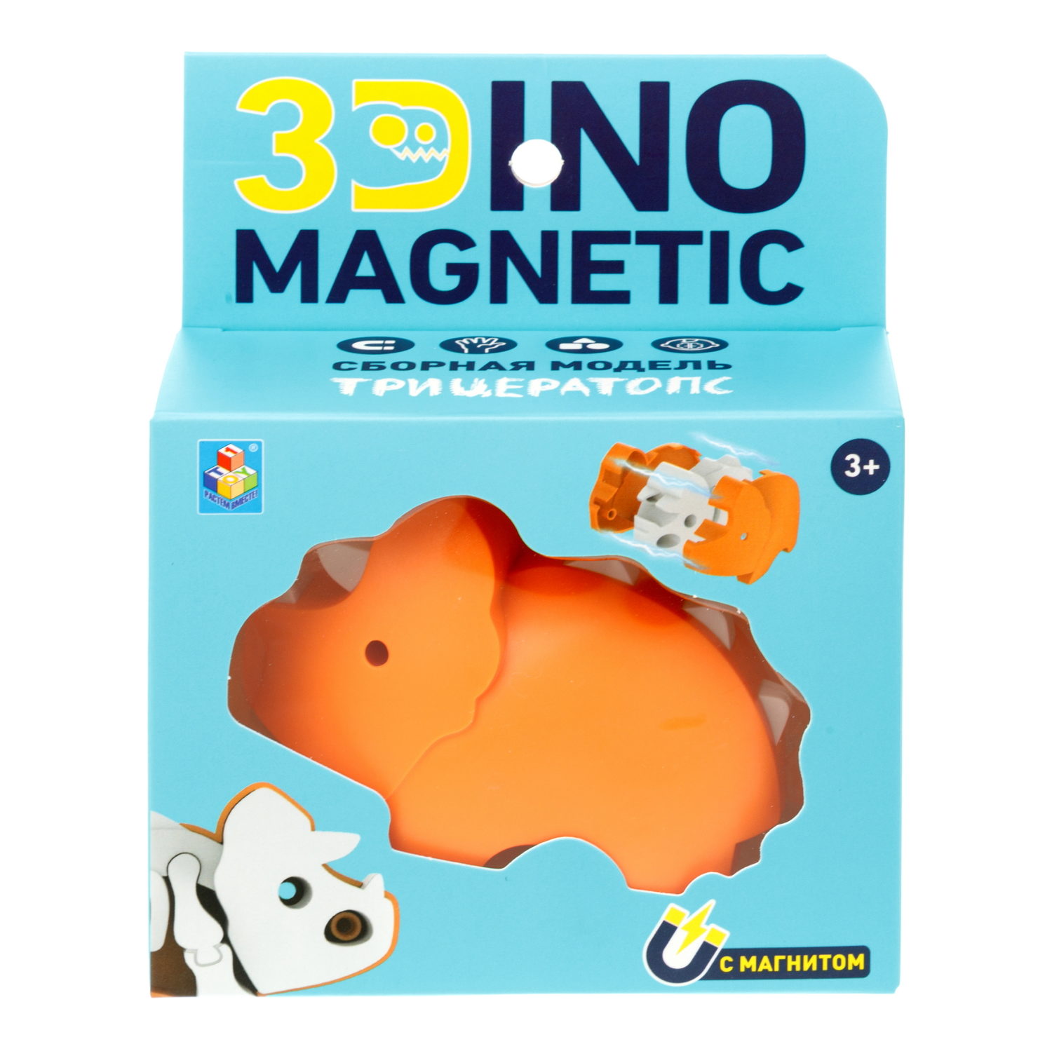 Игрушка динозавр 1TOY 3Dino Magnetic Трицератопс, сборный, с магнитом, для развития моторики и сил рук, цвет в ассортименте